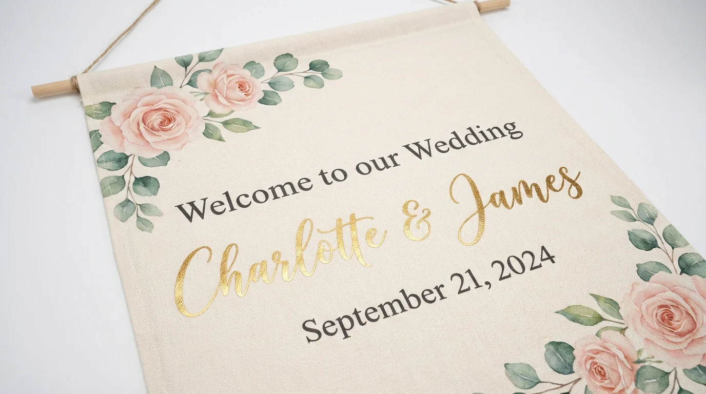 A mockup of a romantic wedding welcome banner featuring watercolor roses and the names 'Charlotte & James' in gold script, set against a clean white background.