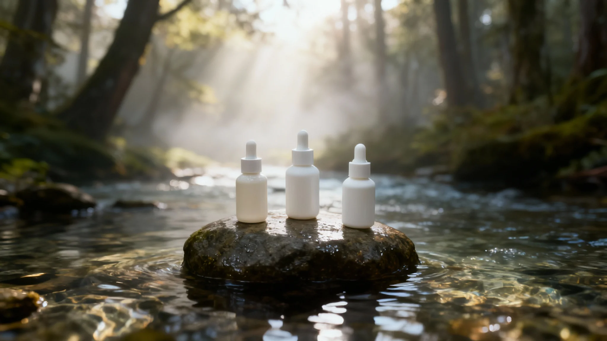 An eye-catching hero image showing a professional product scene: three elegant skincare bottles rest on a wet stone in a magical, misty forest stream, with sunlight filtering through the trees.