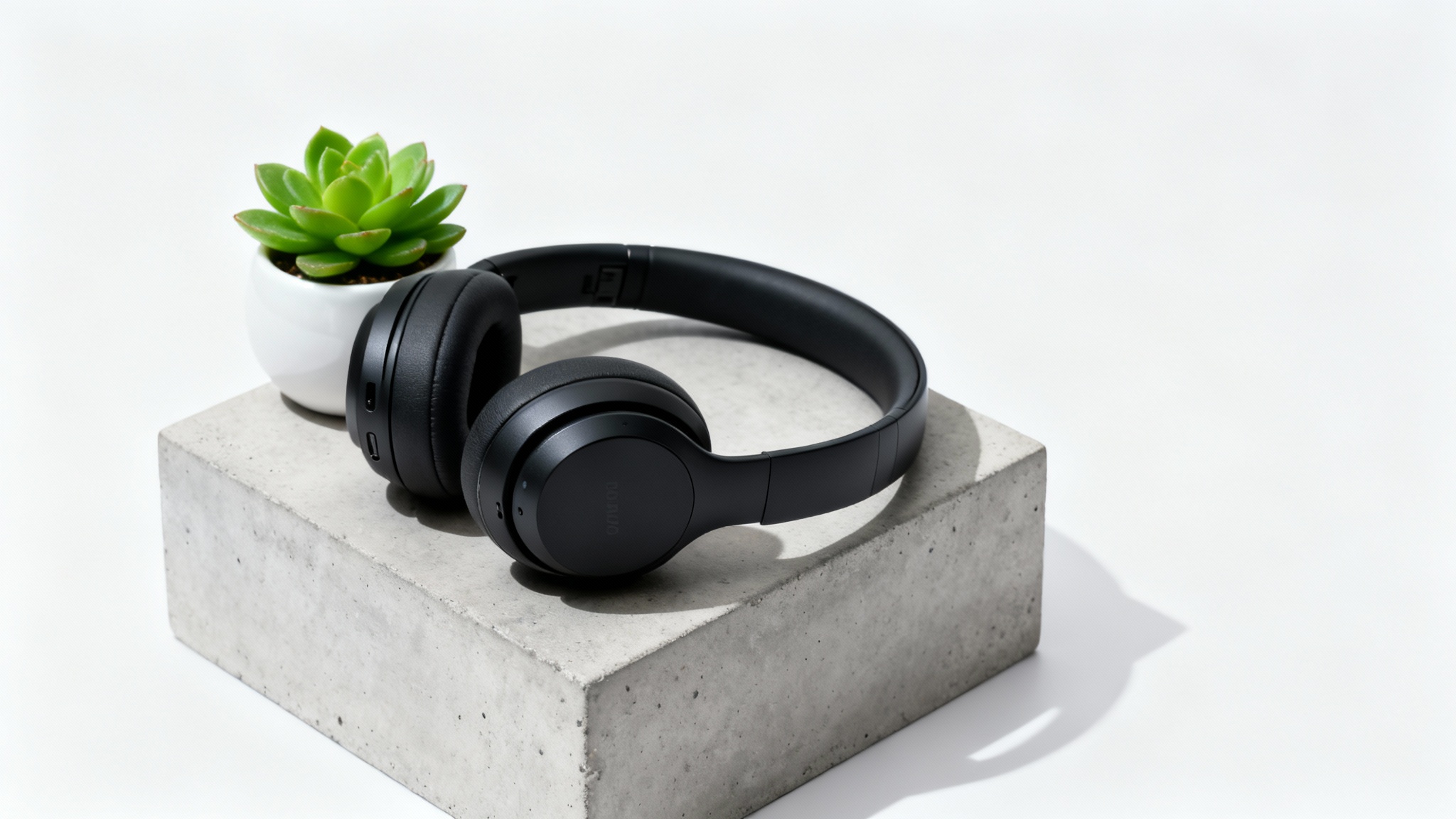 A photorealistic mockup of a product scene featuring sleek black wireless headphones resting on a concrete block next to a small succulent, all against a clean white background.