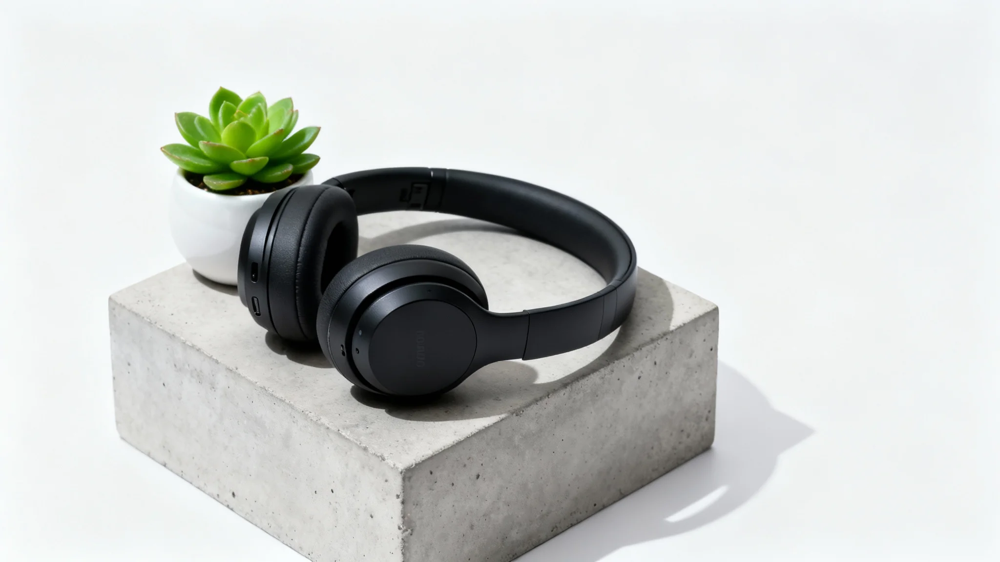A photorealistic mockup of a product scene featuring sleek black wireless headphones resting on a concrete block next to a small succulent, all against a clean white background.