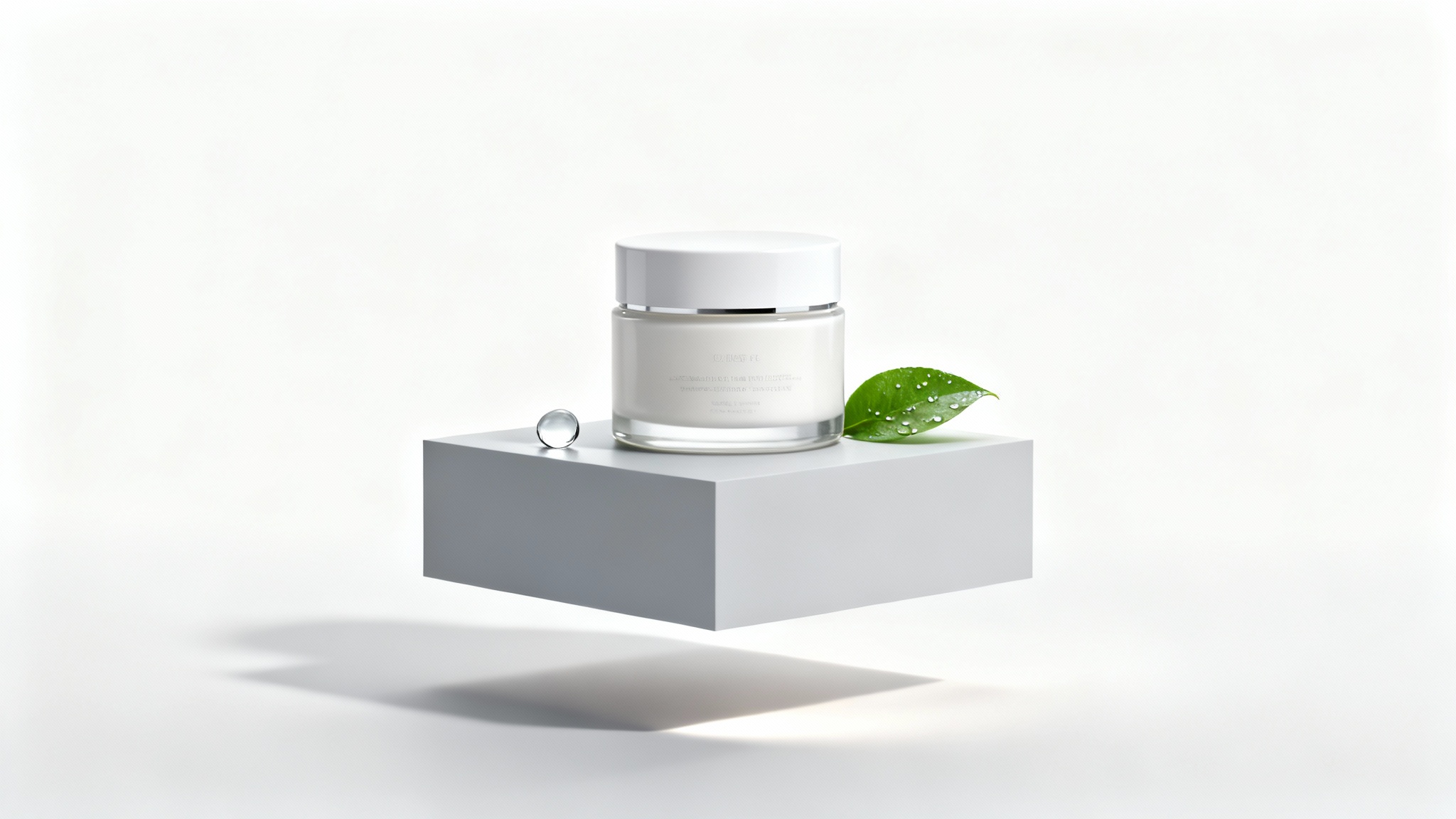 A professional product scene mockup showing a bottle of moisturizing cream on a small podium against a white background, accompanied by a single water droplet and a green leaf.