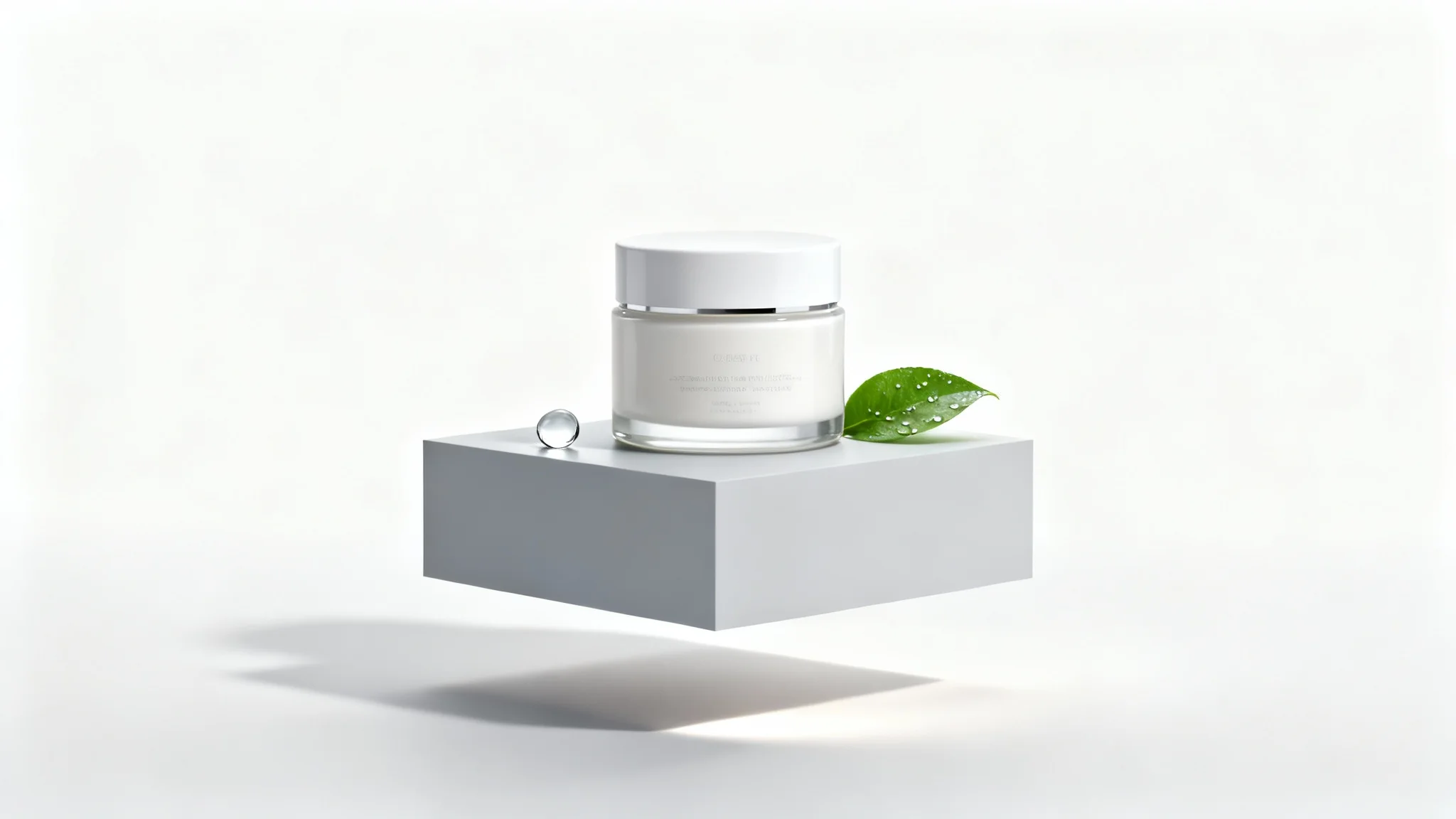 A professional product scene mockup showing a bottle of moisturizing cream on a small podium against a white background, accompanied by a single water droplet and a green leaf.