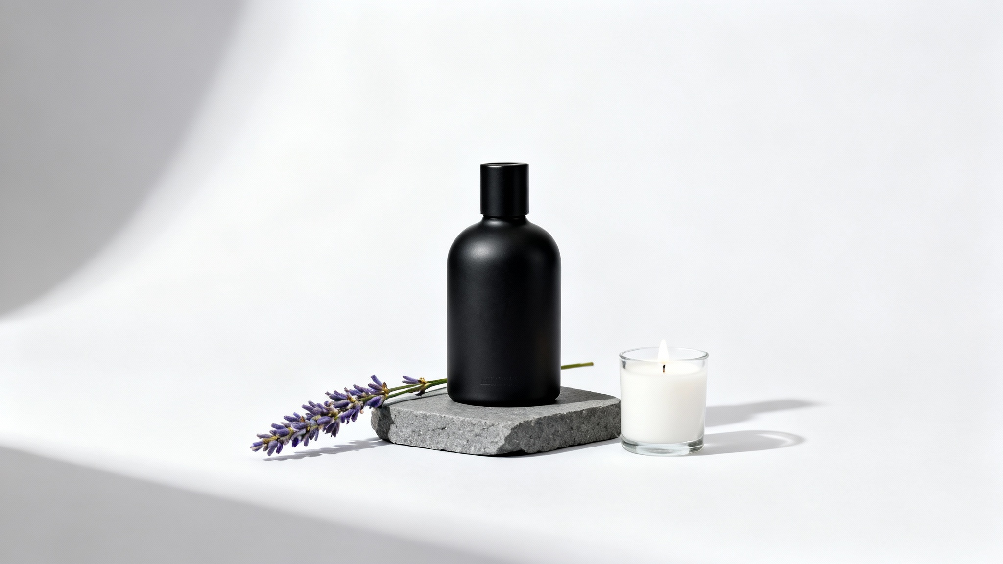 A minimalist product scene featuring a matte black cologne bottle on a grey slate block, next to a sprig of lavender and a small candle, all on a clean white background.