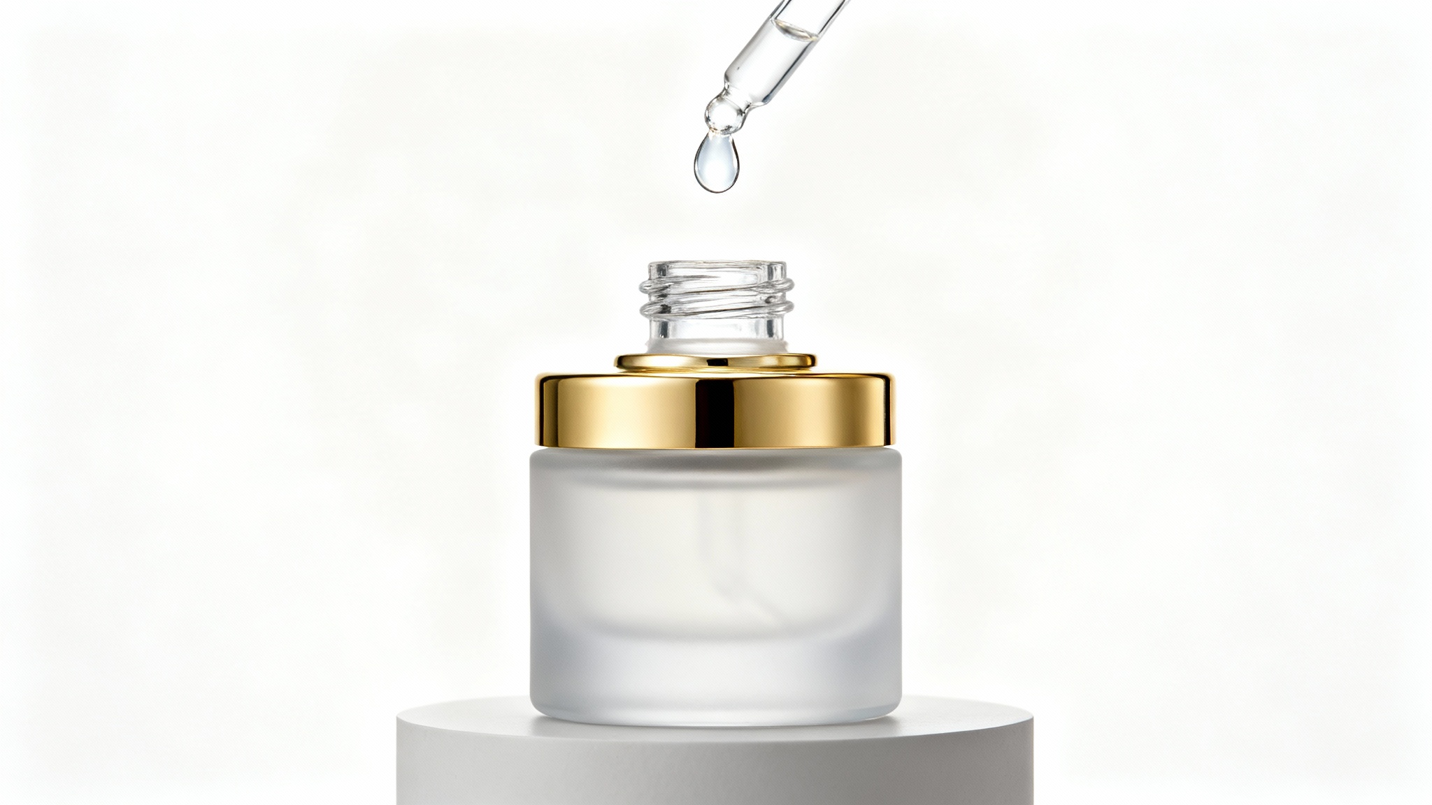 A photorealistic product shot of a luxury skincare serum in a frosted glass bottle with a gold cap, set against a clean white background with a single drop of serum suspended above it.