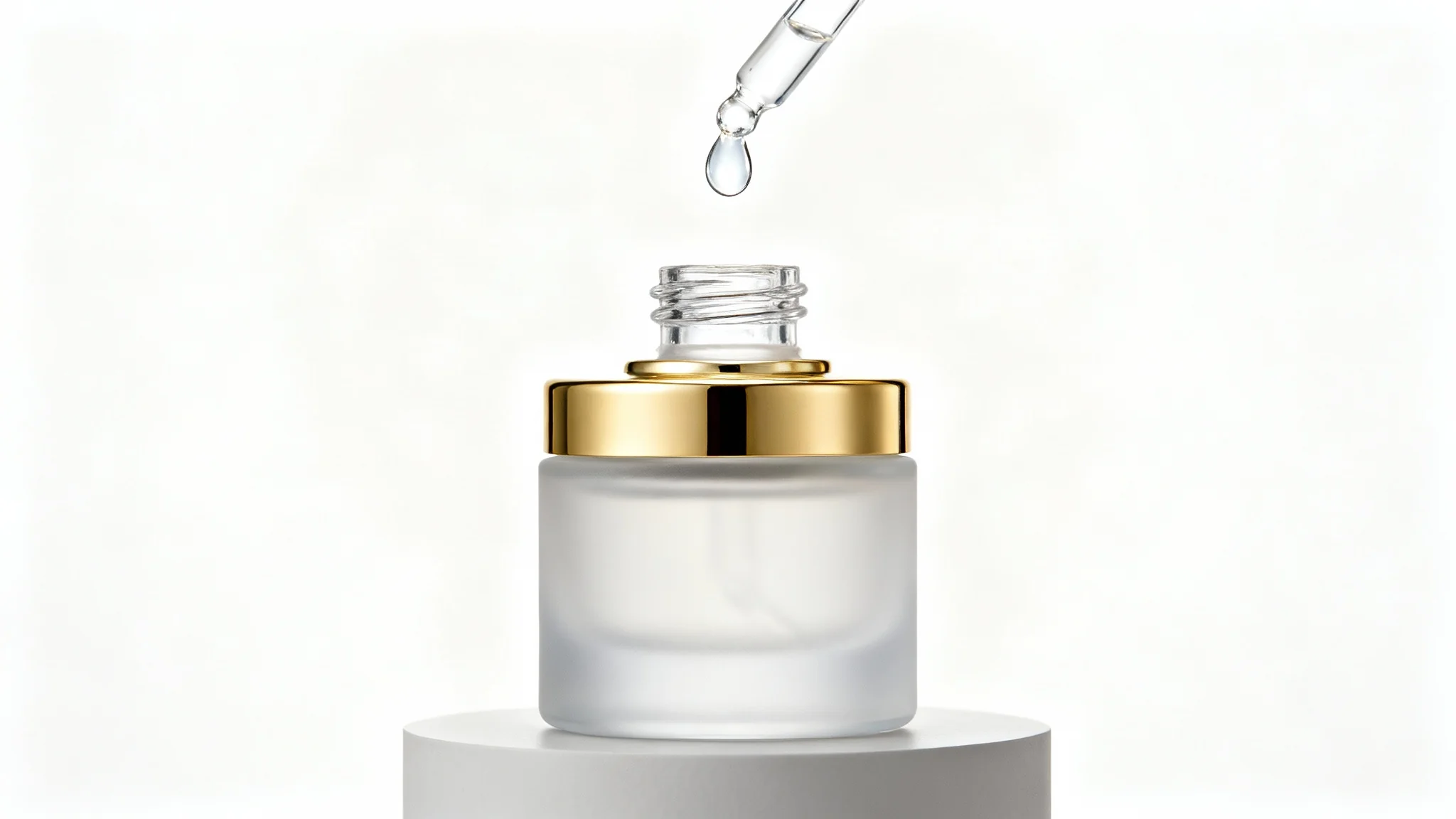 A photorealistic product shot of a luxury skincare serum in a frosted glass bottle with a gold cap, set against a clean white background with a single drop of serum suspended above it.
