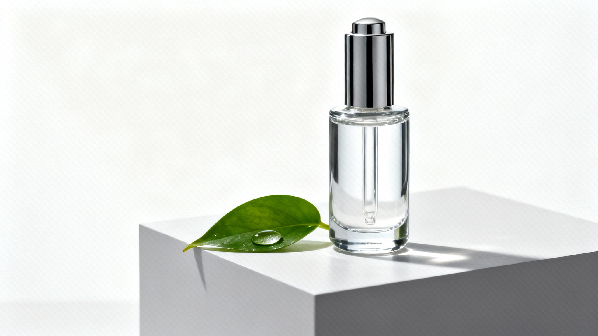 A photorealistic mockup of a luxury skincare product scene, showing a sleek glass serum bottle on a podium next to a dewy leaf, against a clean white background.