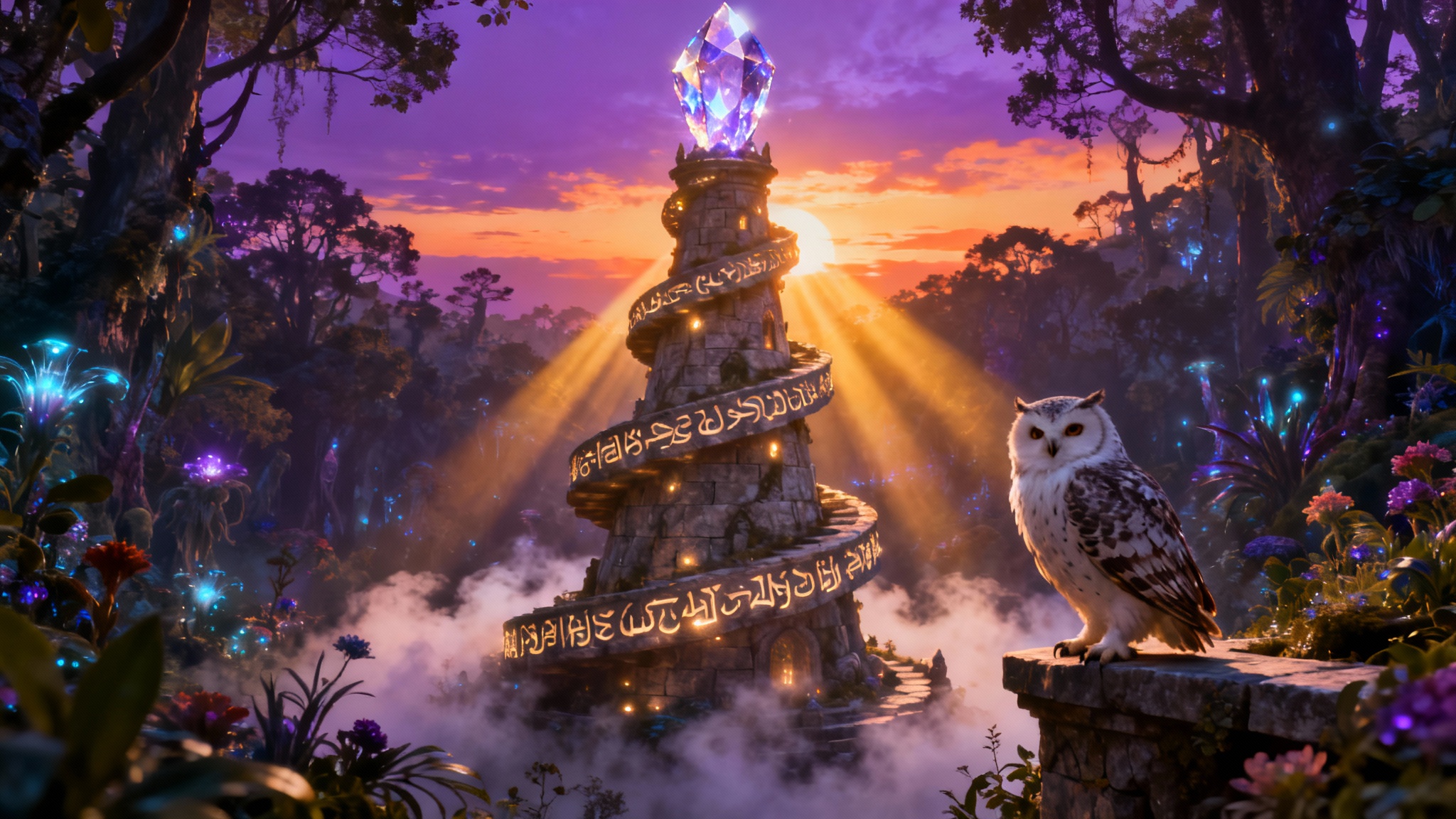 A hyper-realistic, cinematic 3D render of a spiraling wizard's tower at sunset, featuring glowing runes, a crystal top, and a surrounding enchanted forest.
