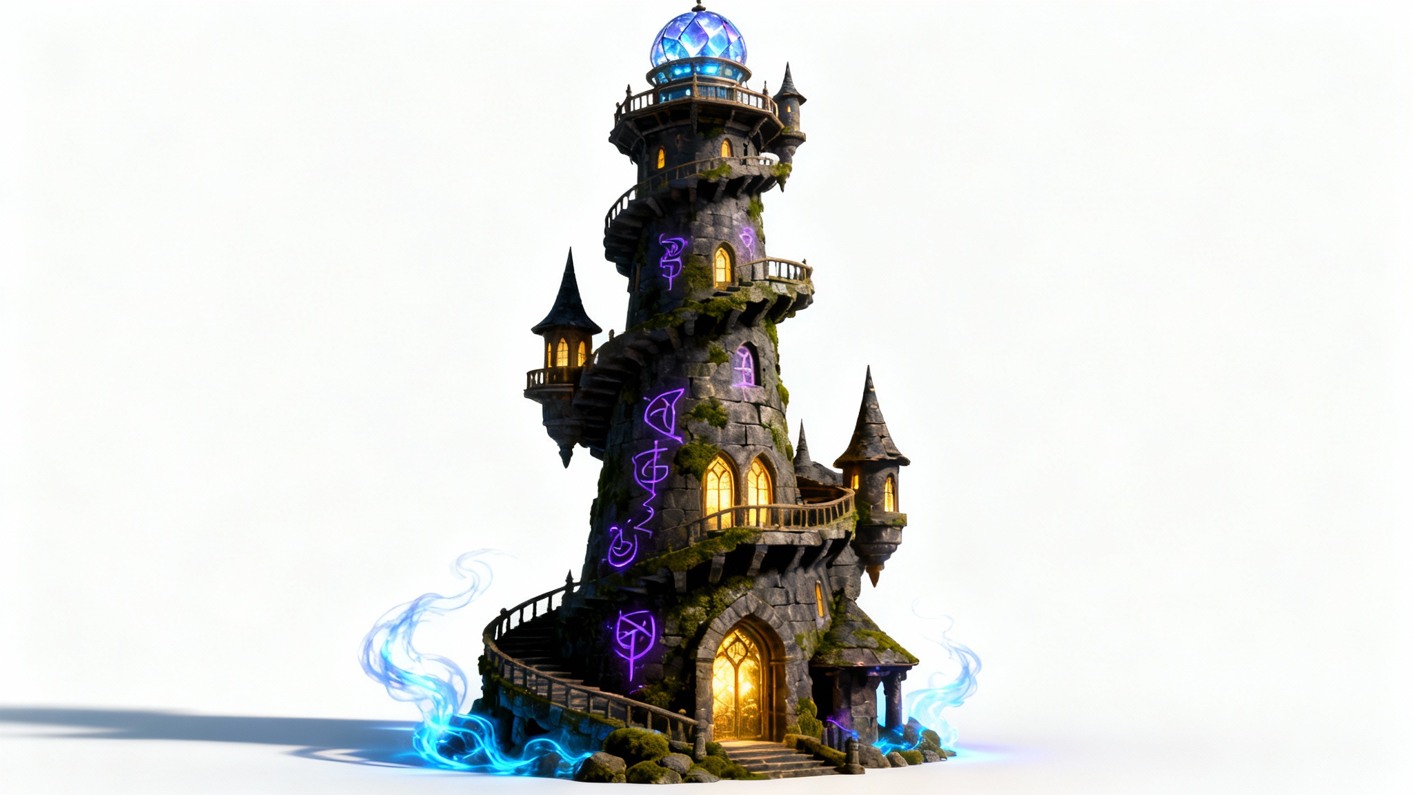 A tall, spiraling wizard tower made of dark, ancient stone, with glowing windows and magical energy swirling around it, displayed like a product on a plain, off-white background.