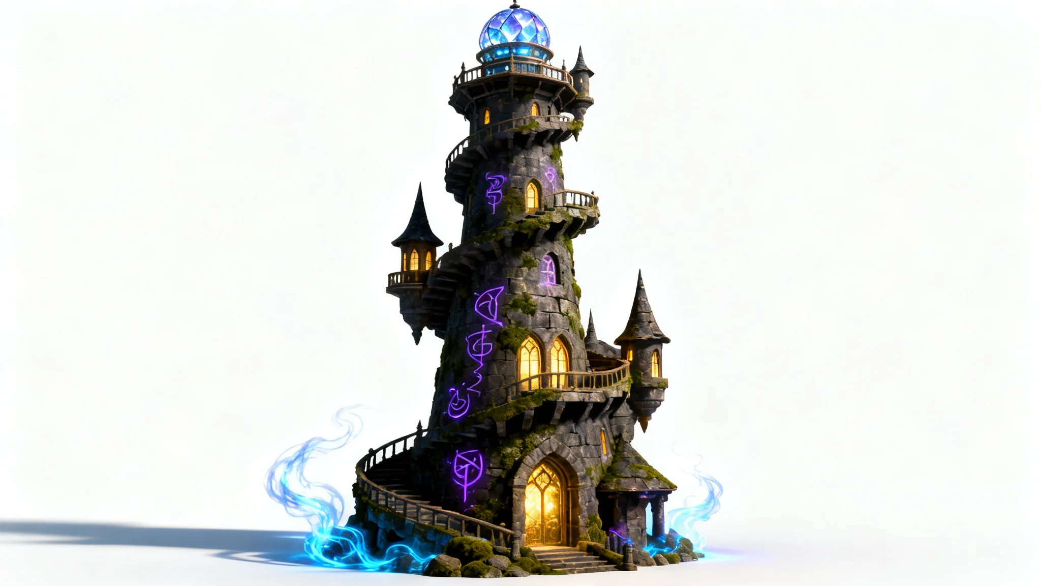 A tall, spiraling wizard tower made of dark, ancient stone, with glowing windows and magical energy swirling around it, displayed like a product on a plain, off-white background.