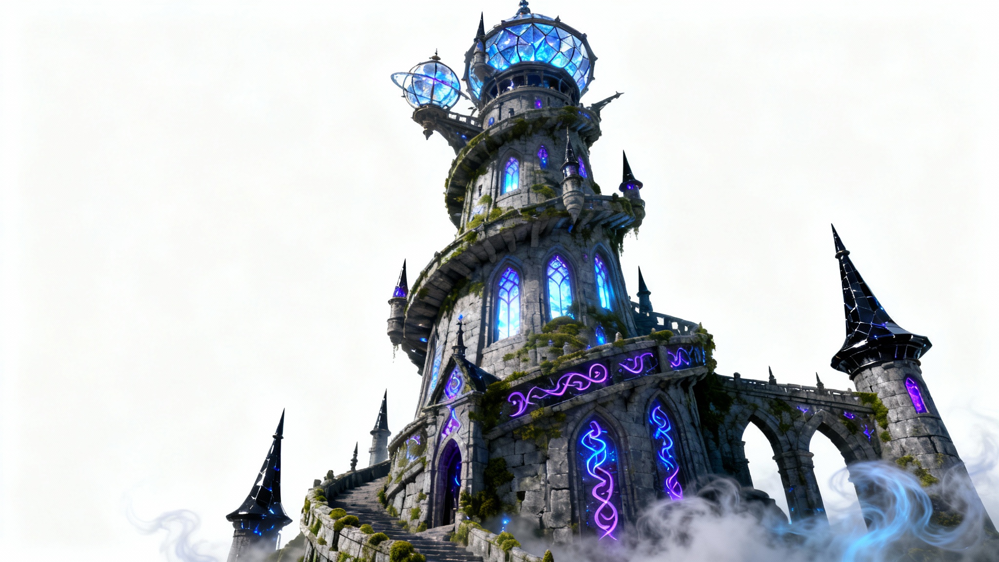 A fantastical, tall spiraling wizard tower made of dark stone with glowing purple runes, shown against a stark white background.