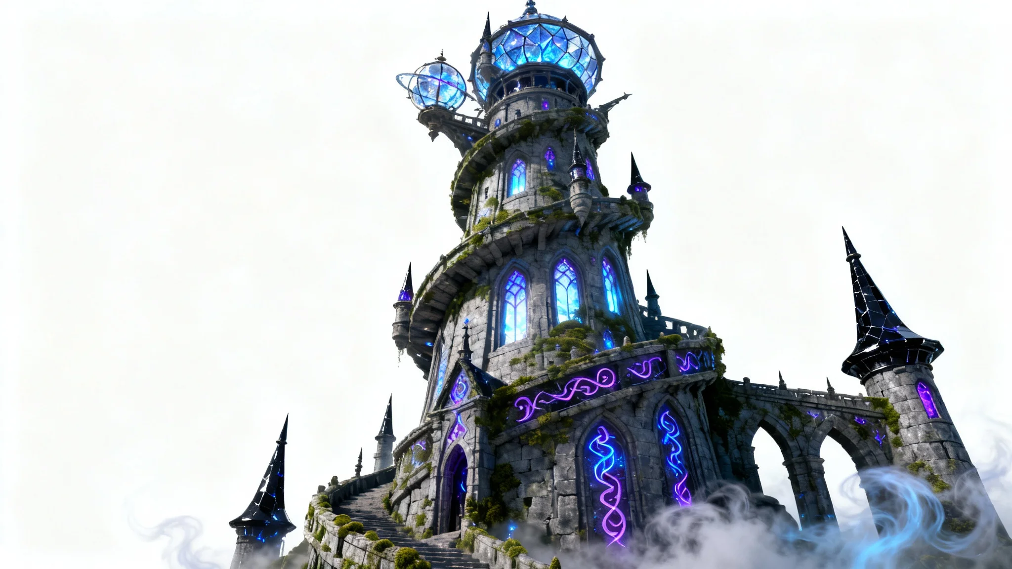 A fantastical, tall spiraling wizard tower made of dark stone with glowing purple runes, shown against a stark white background.