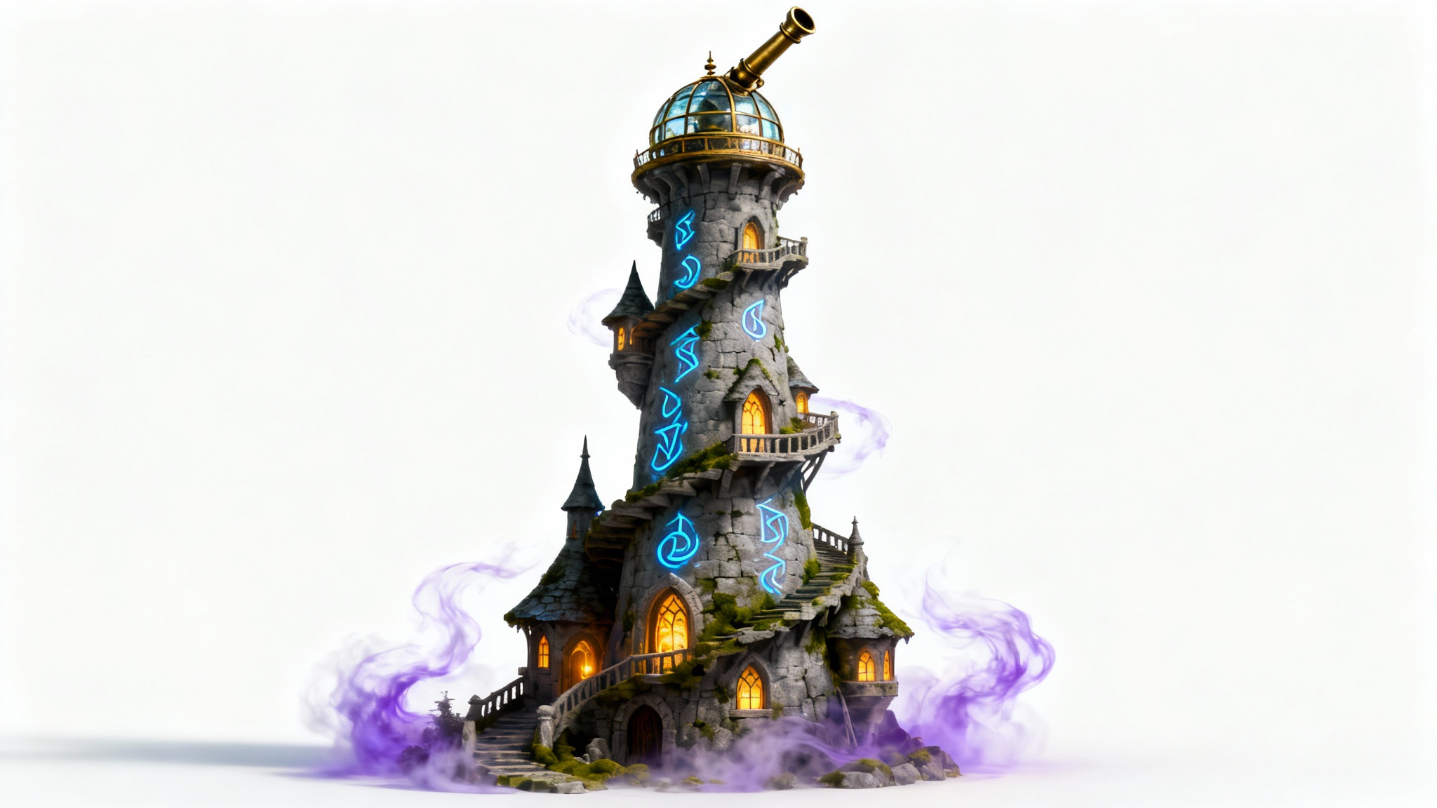 A majestic and fantastical wizard tower made of ancient stone, with glowing windows and an observatory on top, set against a plain white background.