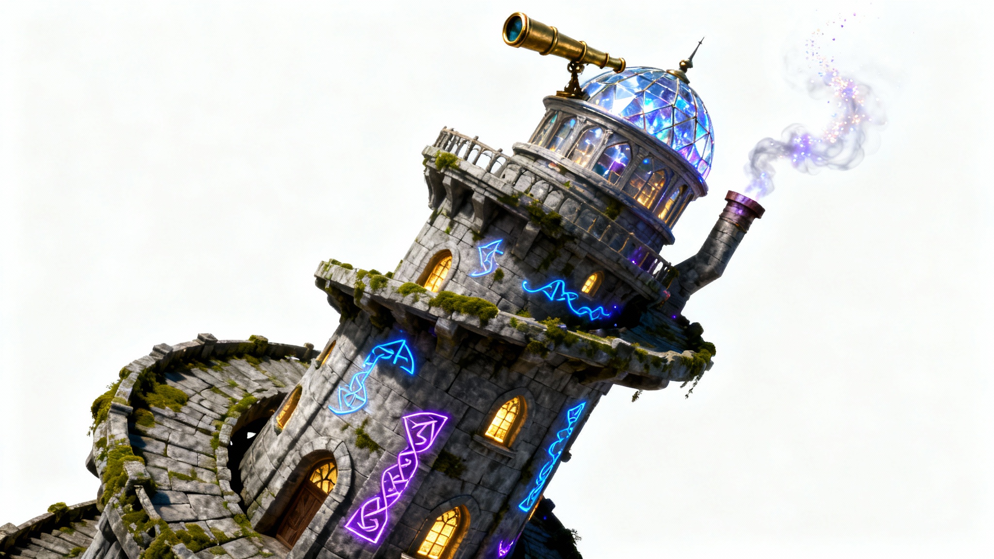 A fantastical, detailed illustration of a spiraling wizard tower made of ancient stone and glowing runes, set against a stark white background.