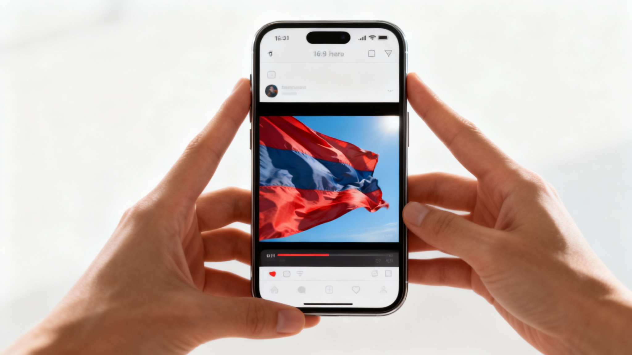 A person holding a smartphone which shows a social media post with a video animation of a vibrant flag waving against a blue sky, demonstrating an animation tool's final result.