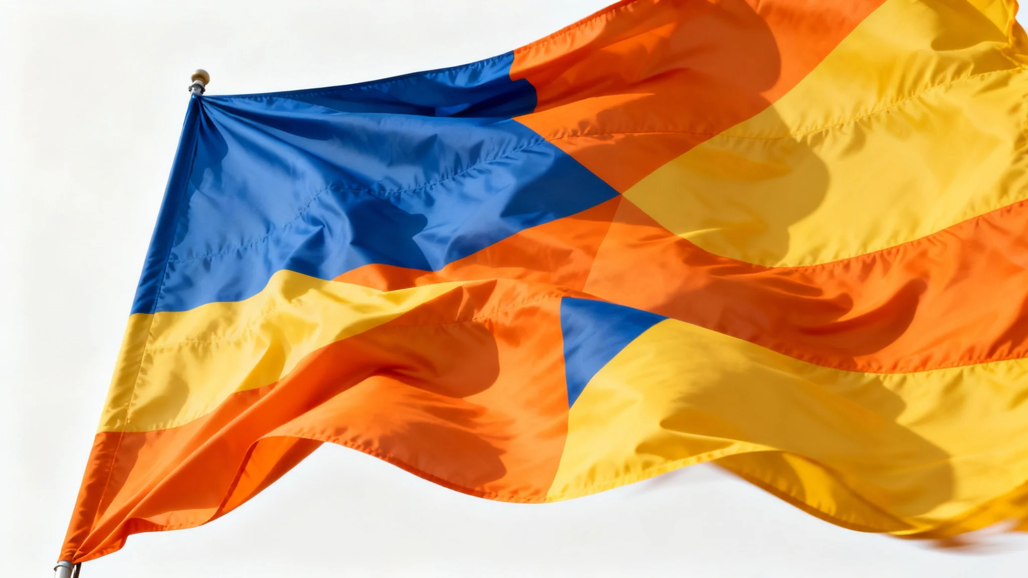 A colorful flag with a modern geometric design is shown waving dramatically against a plain white background, symbolizing a flag waving animation.