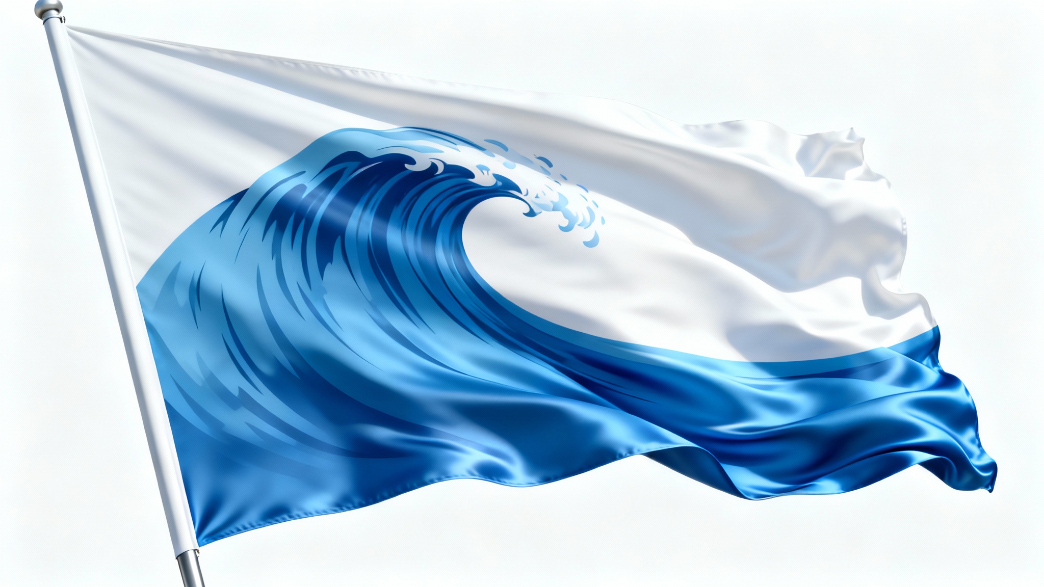 A photorealistic mockup of a white flag with a blue wave design, captured mid-wave against a plain white background to demonstrate an animation effect.