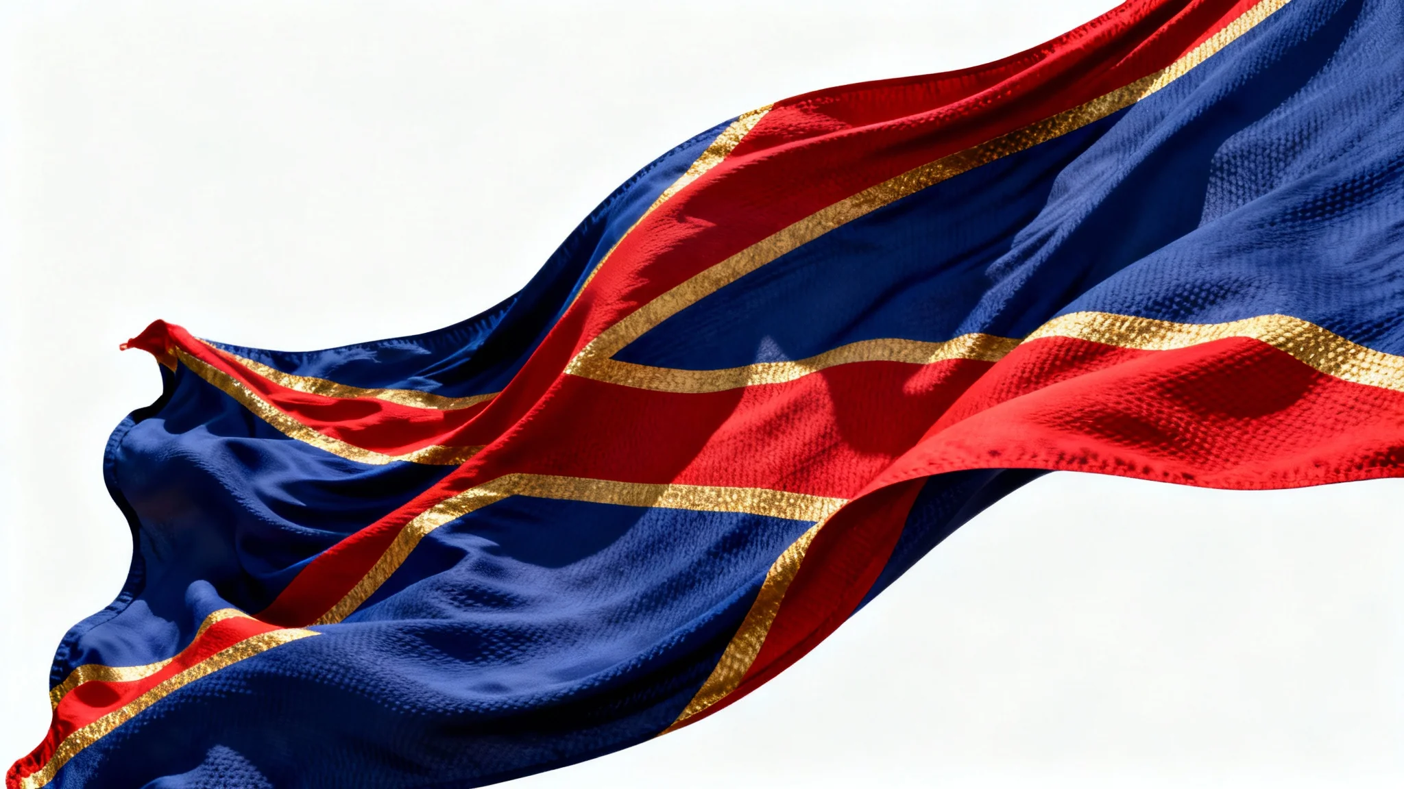 A hyper-realistic image of a large, custom-designed flag with a blue, red, and gold abstract pattern, captured mid-wave against a plain white background, showing detailed fabric texture and motion.