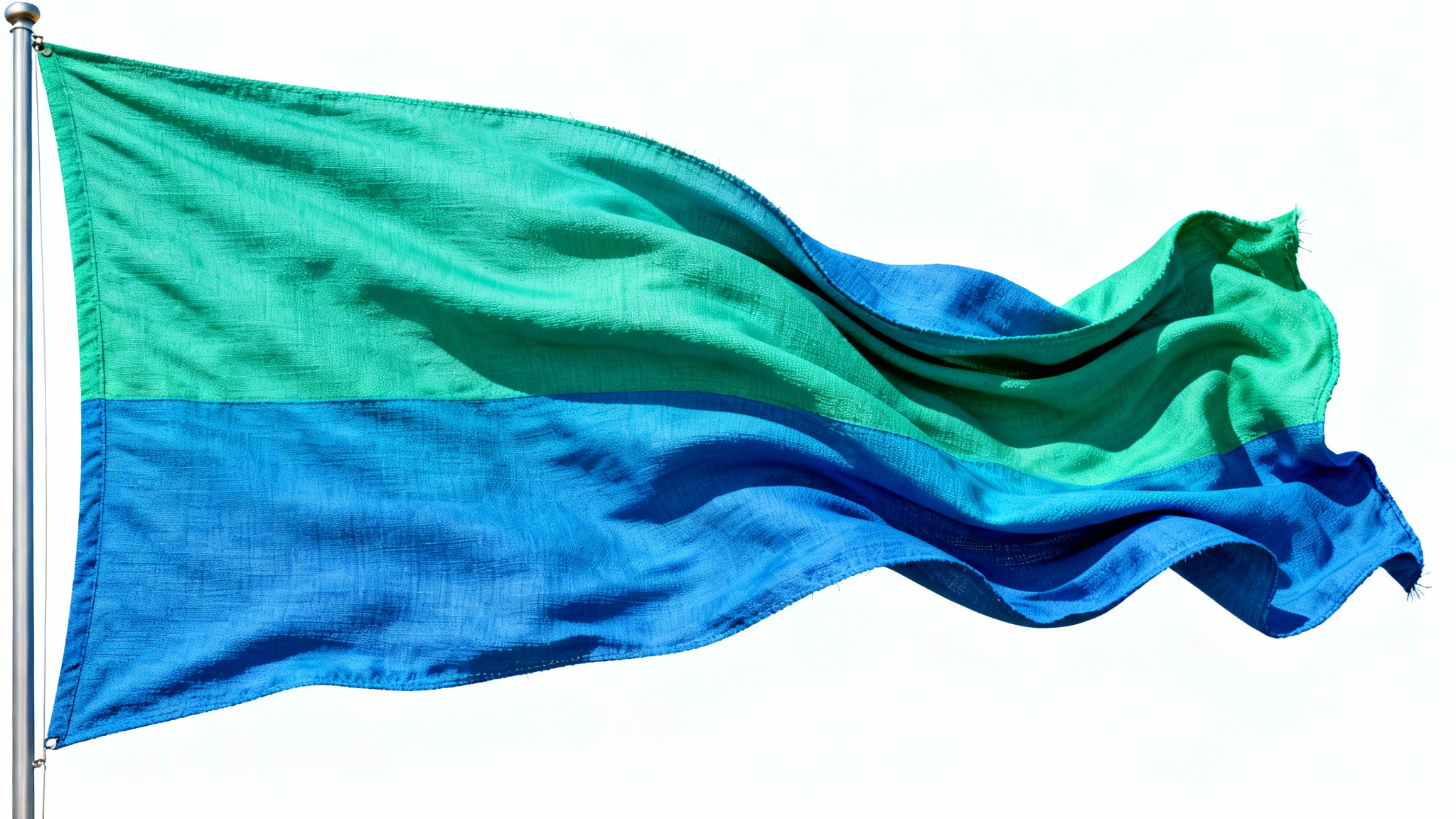 A photorealistic mockup of a large flag with an abstract blue and green design, captured mid-wave as it billows and ripples against a clean white background, demonstrating a waving animation effect.