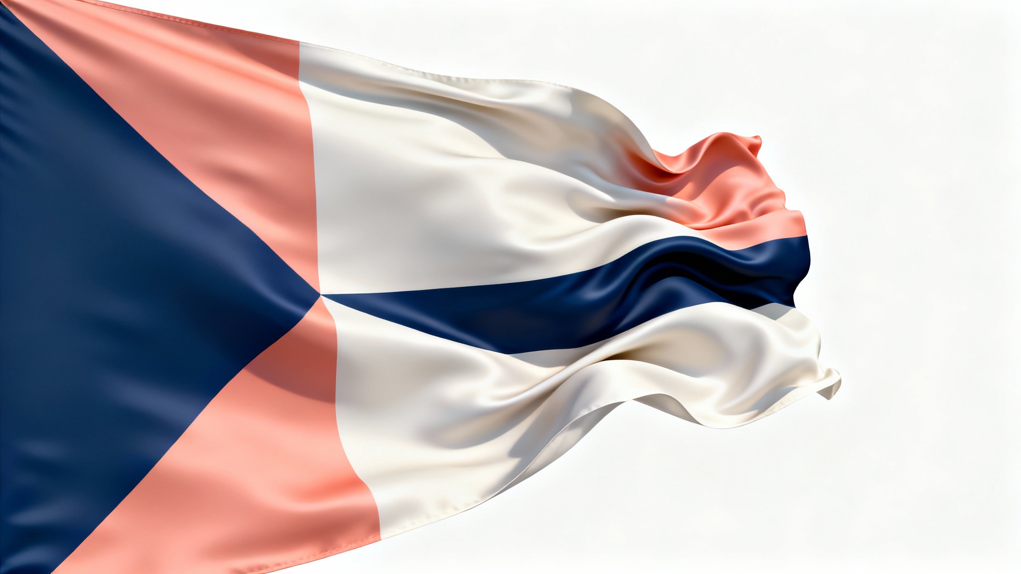 A realistic mockup of a flag with navy blue, coral, and white stripes, captured mid-wave as it billows against a clean white background.