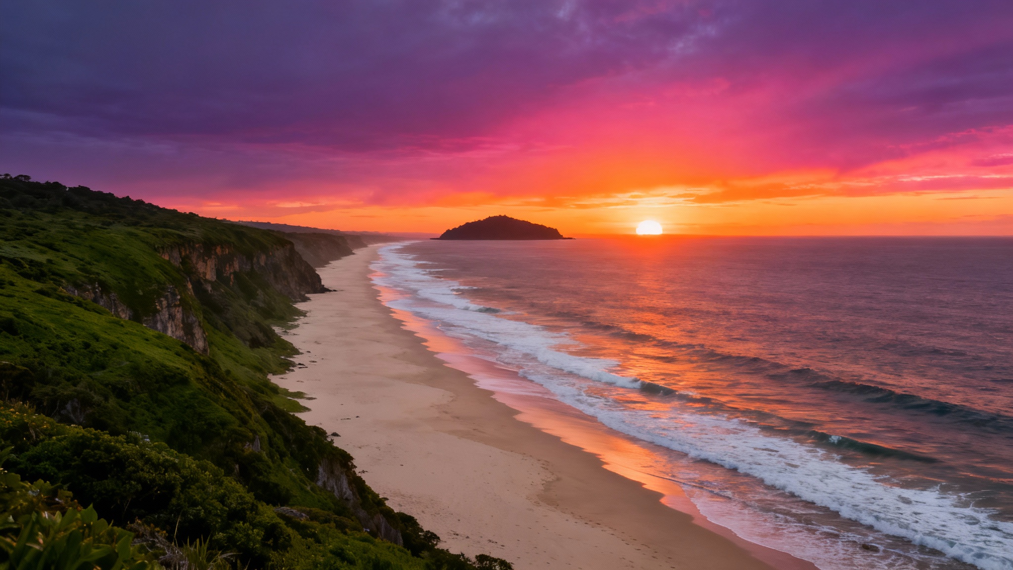 A stunning, ultra-wide panoramic photograph of a coastal sunset in a 16:9 aspect ratio, showing a sandy beach, green cliffs, and a vibrant orange and pink sky.