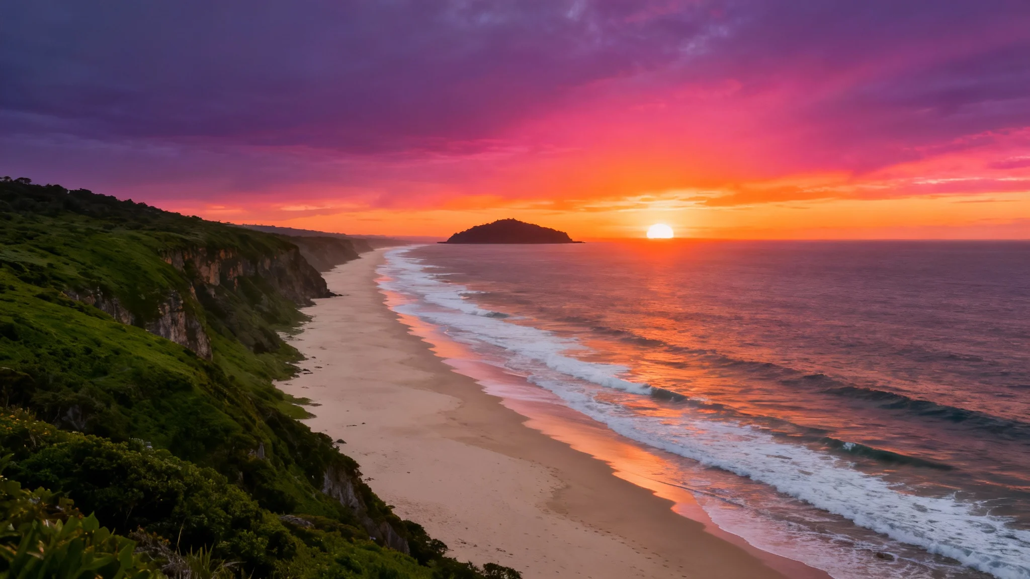 A stunning, ultra-wide panoramic photograph of a coastal sunset in a 16:9 aspect ratio, showing a sandy beach, green cliffs, and a vibrant orange and pink sky.