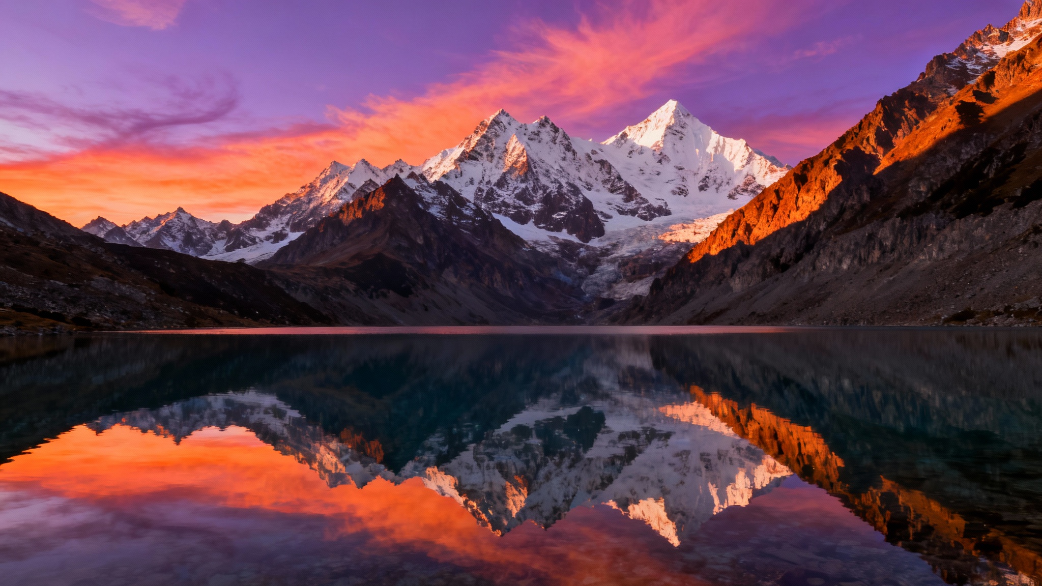 A stunning, wide-angle panoramic photo of a snow-capped mountain range during a colorful sunrise, with the mountains and sky reflected in a calm alpine lake in the foreground.