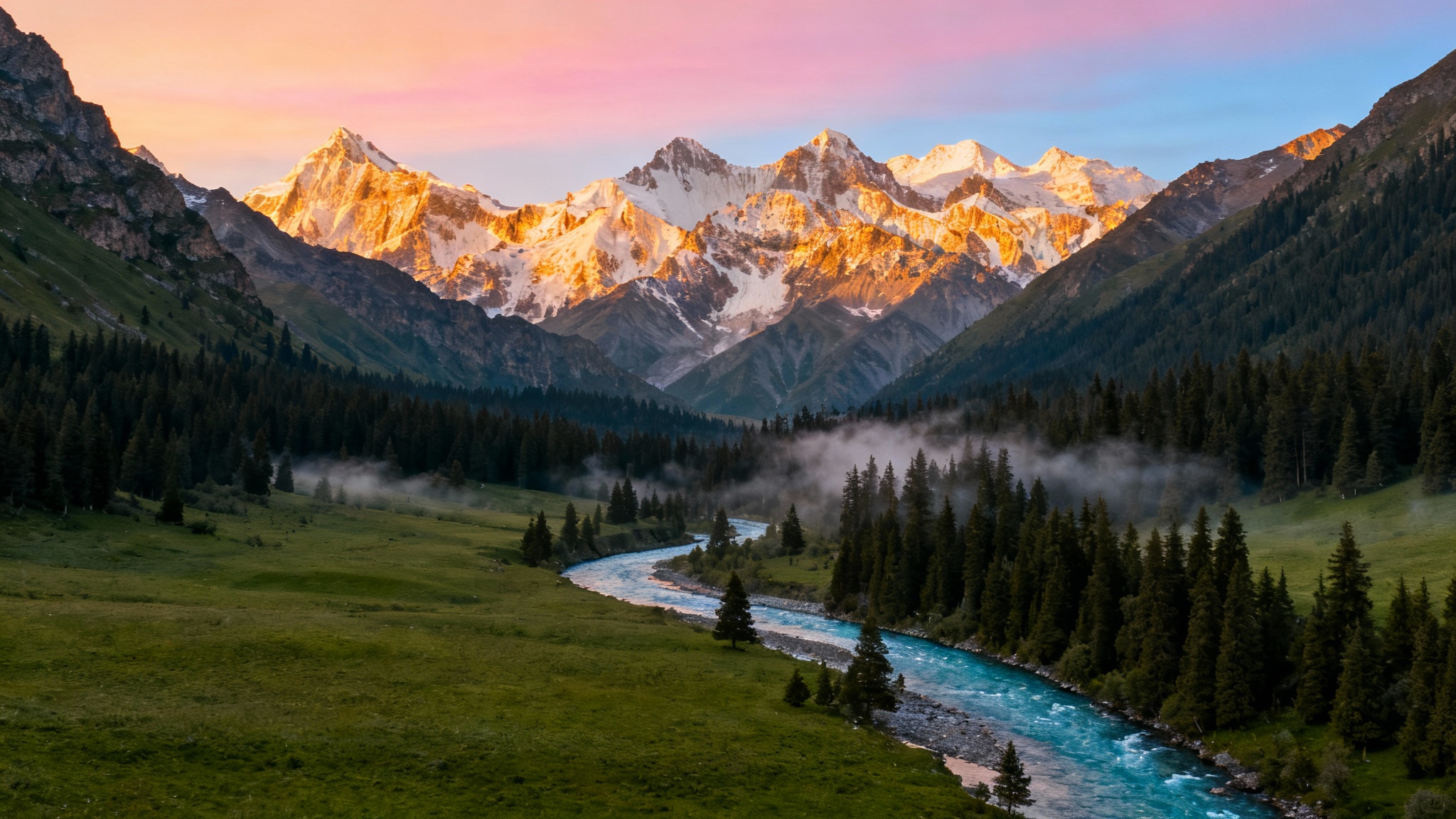 A stunning, ultra-wide panoramic photo of a mountain range at sunrise, showing a green valley, a clear river, and snow-capped peaks glowing in the morning light.
