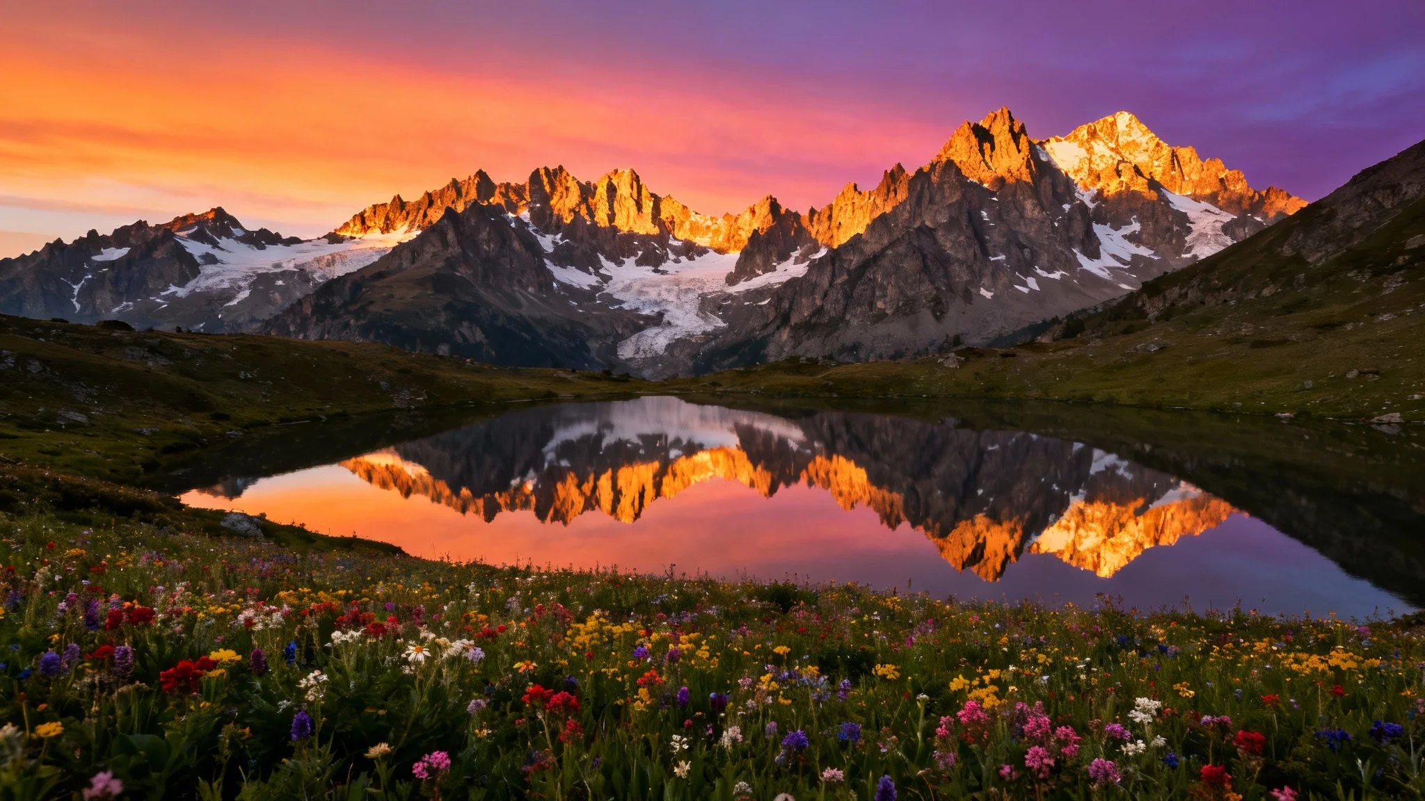 A stunning, ultra-wide panoramic photograph capturing a vibrant sunrise over a majestic mountain range, with a serene lake in the foreground reflecting the colorful sky and snowy peaks.