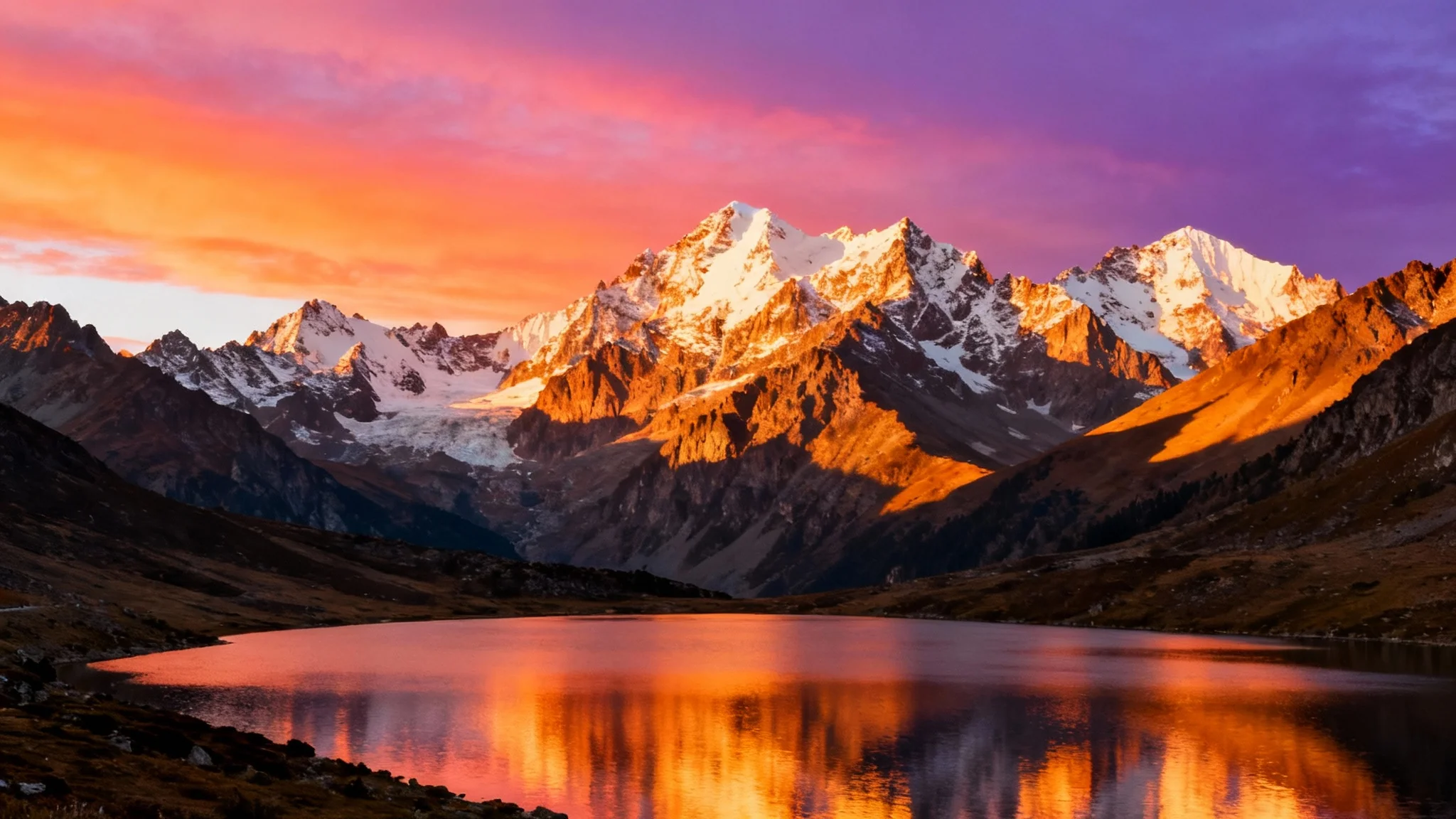 A breathtaking panoramic photo of a mountain range at sunrise, with the colorful sky reflected in a calm lake in the foreground.