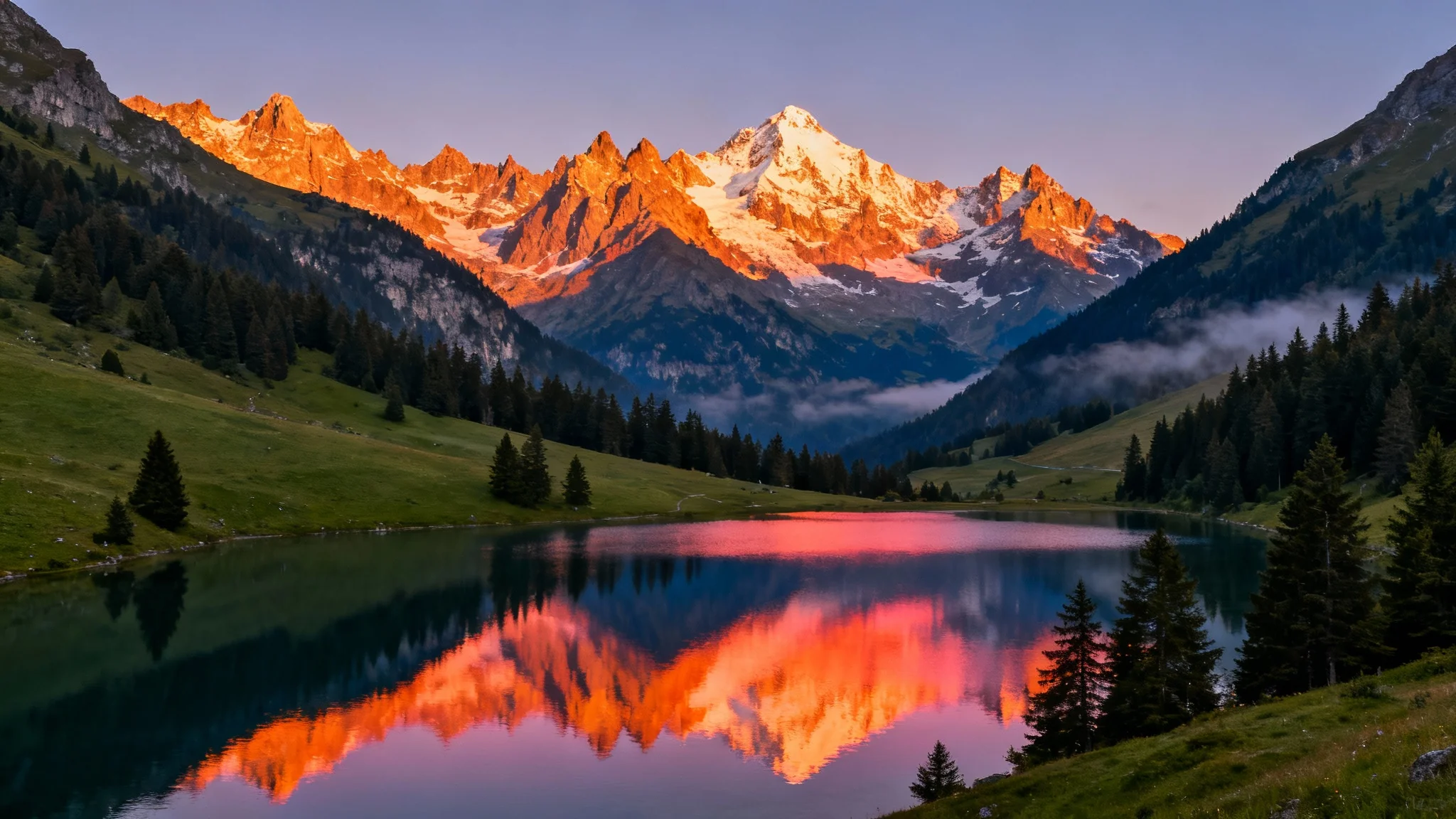 An ultra-wide, photorealistic panoramic image of a mountain range at sunrise, with snow-capped peaks glowing in the golden light and reflecting in a still alpine lake below.