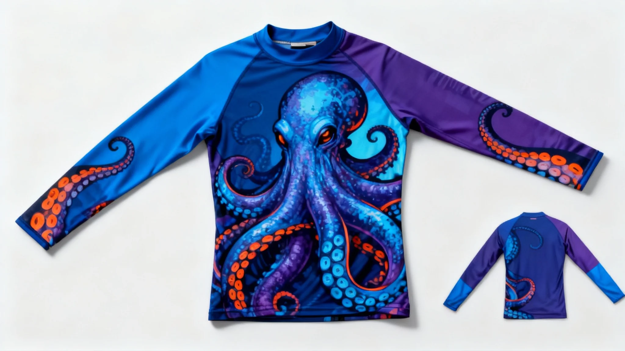 A professional product mockup of a custom-designed long-sleeved rash guard with a vibrant, detailed octopus graphic, displayed on a clean background to showcase the final design.