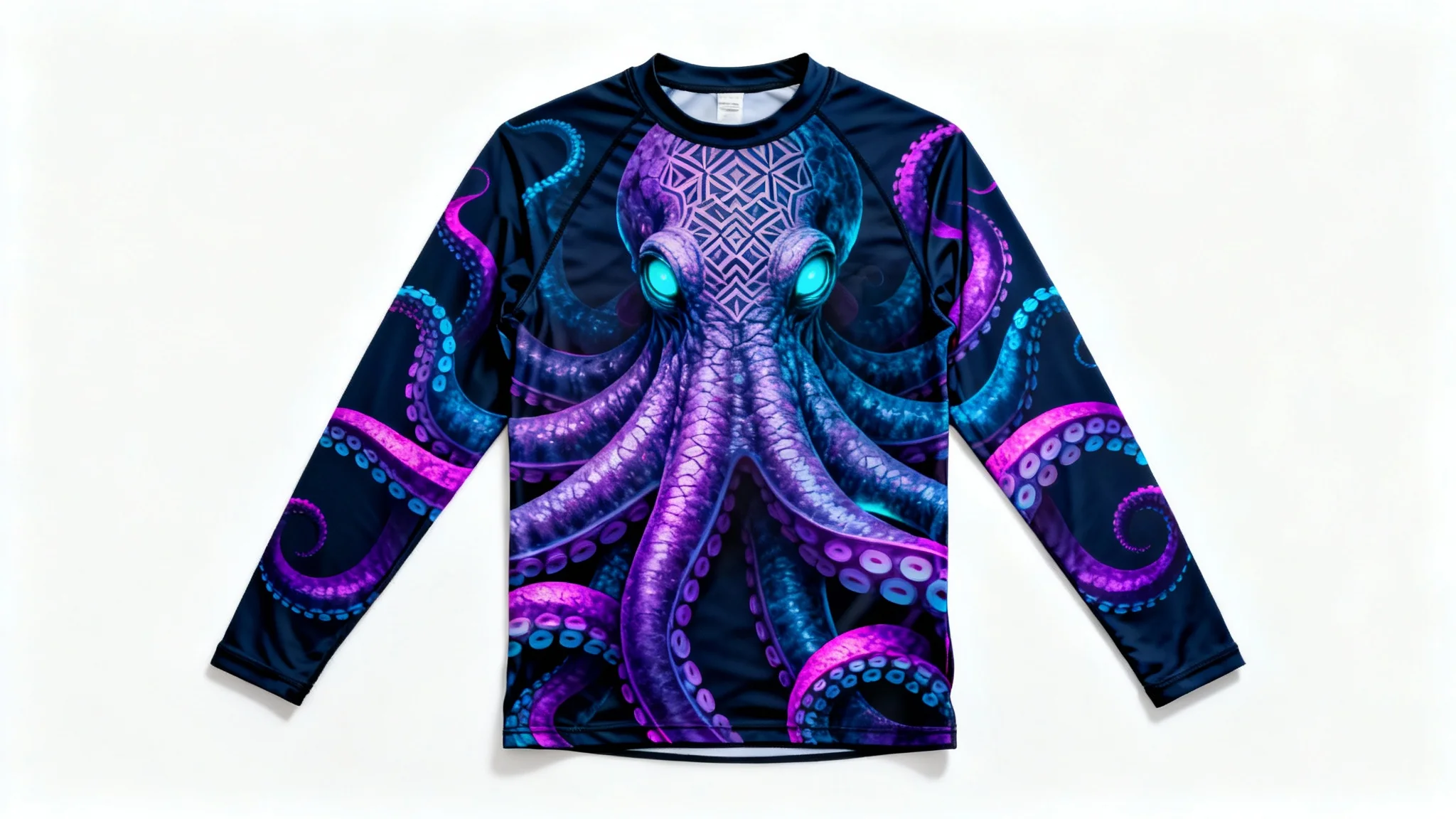 A photorealistic mockup of a long-sleeved rash guard with a vibrant, intricate design of a large octopus, laid flat on a clean white background.
