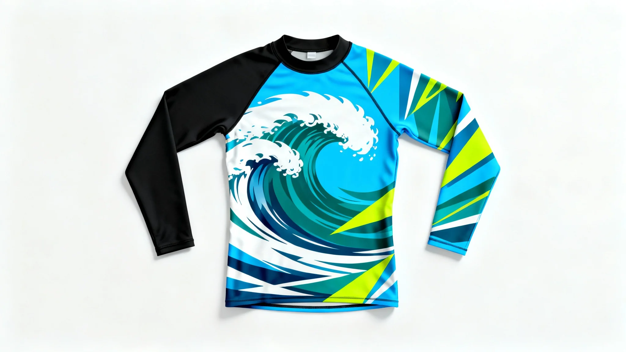 A top-down view of a long-sleeved rash guard laid flat on a white background, featuring a modern design of abstract blue ocean waves and neon yellow accents.