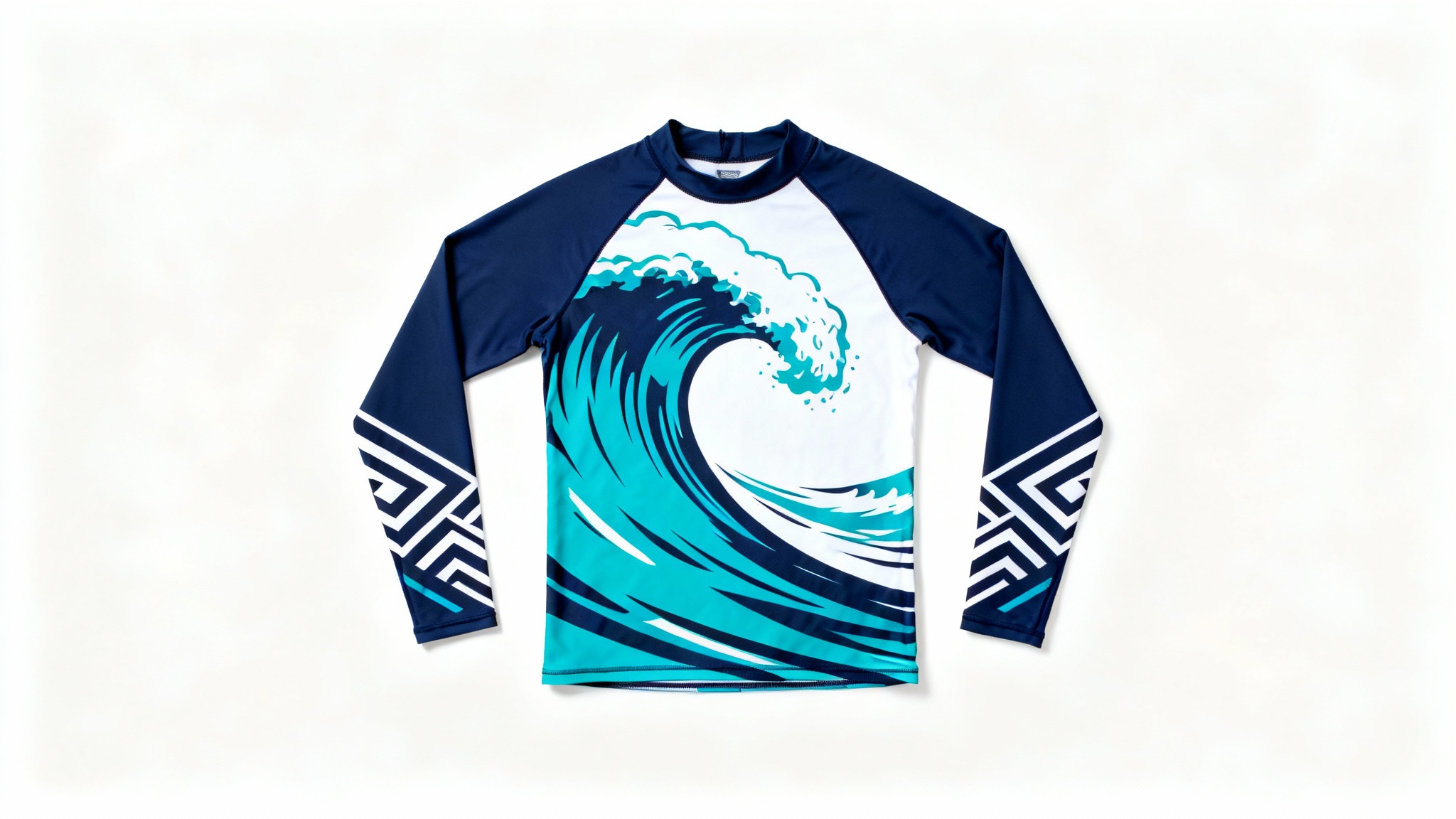 A long-sleeved rash guard with a modern blue and turquoise wave design, laid flat on a crisp white background in a product mockup style.