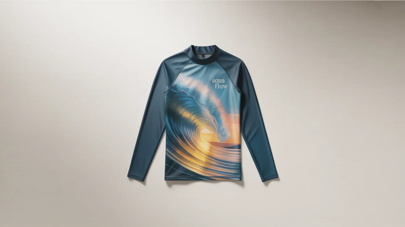 A long-sleeved rash guard with a vibrant ocean wave and sunset design, displayed on a clean white background.