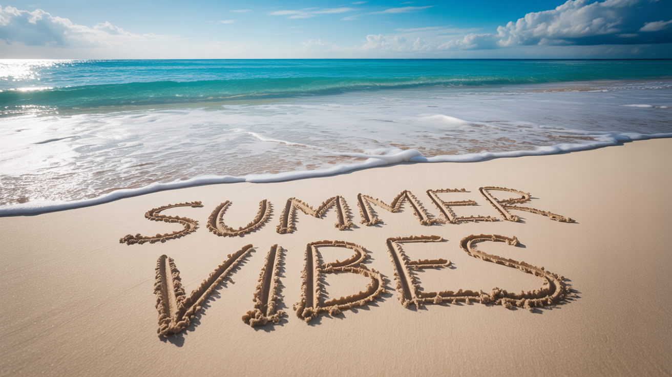 The words 'SUMMER VIBES' artfully written in the wet sand of a sunny beach, with a gentle ocean wave washing up nearby, representing a sand text effect.