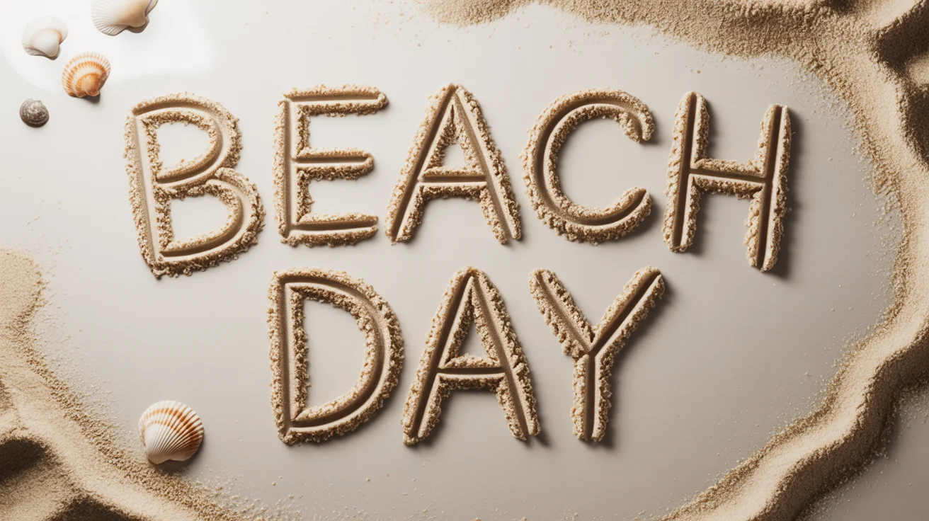 A photorealistic mockup of the words 'BEACH DAY' written in sand, isolated on a clean white background.