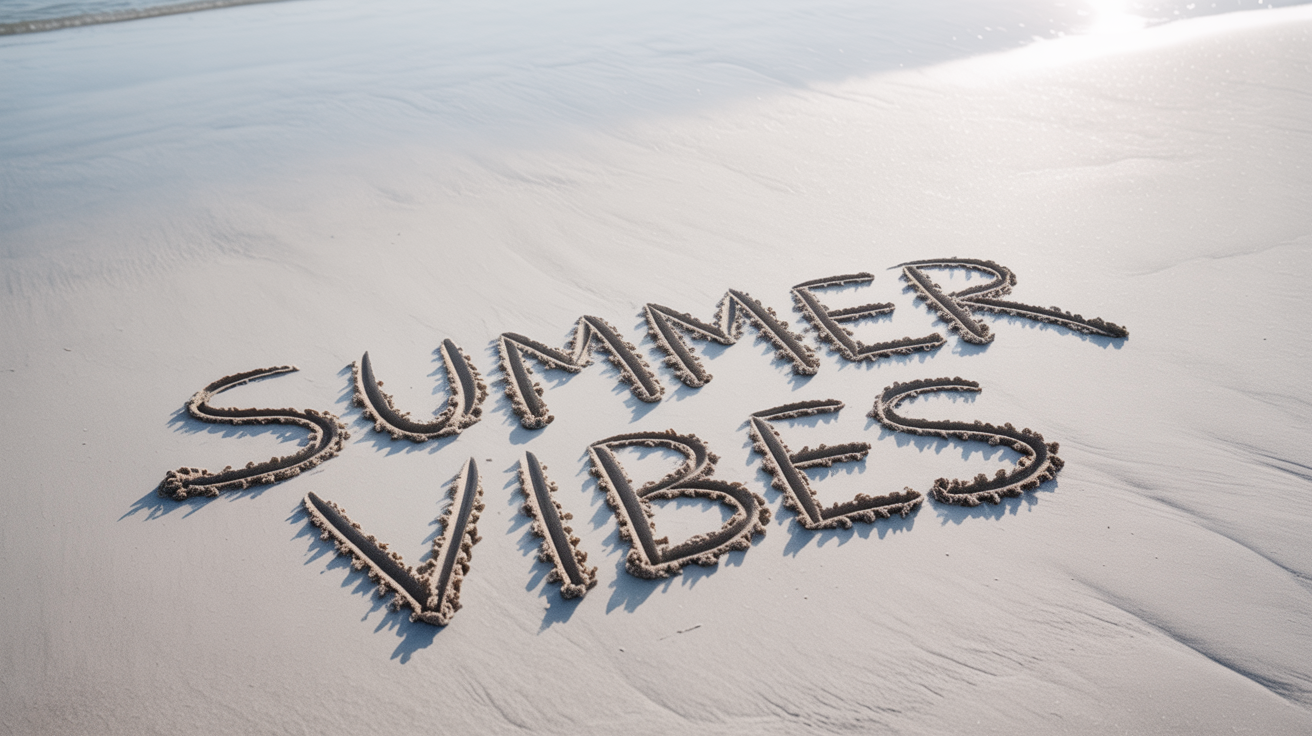 A photorealistic image viewed from above, showing the words 'Summer Vibes' written in the sand on a clean, white background.