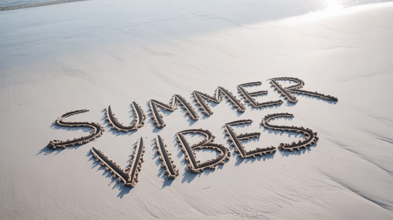 A photorealistic image viewed from above, showing the words 'Summer Vibes' written in the sand on a clean, white background.