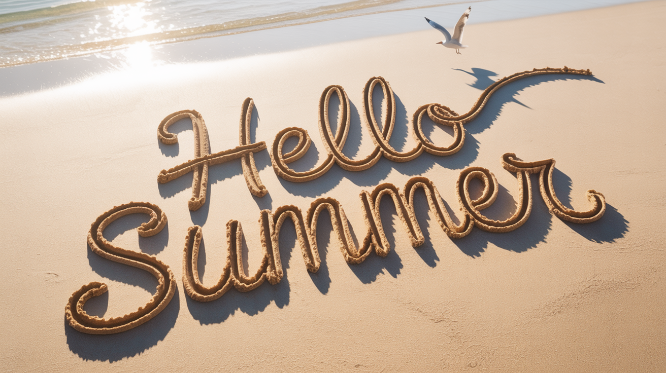 The words 'Hello Summer' written in the sand, viewed from above on a clean, sandy background.