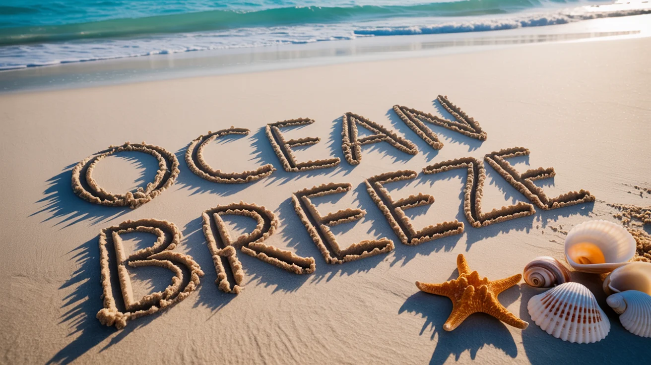 A photorealistic image of the words 'OCEAN BREEZE' written in the sand on a beach during a beautiful sunset, with a starfish and seashells nearby.