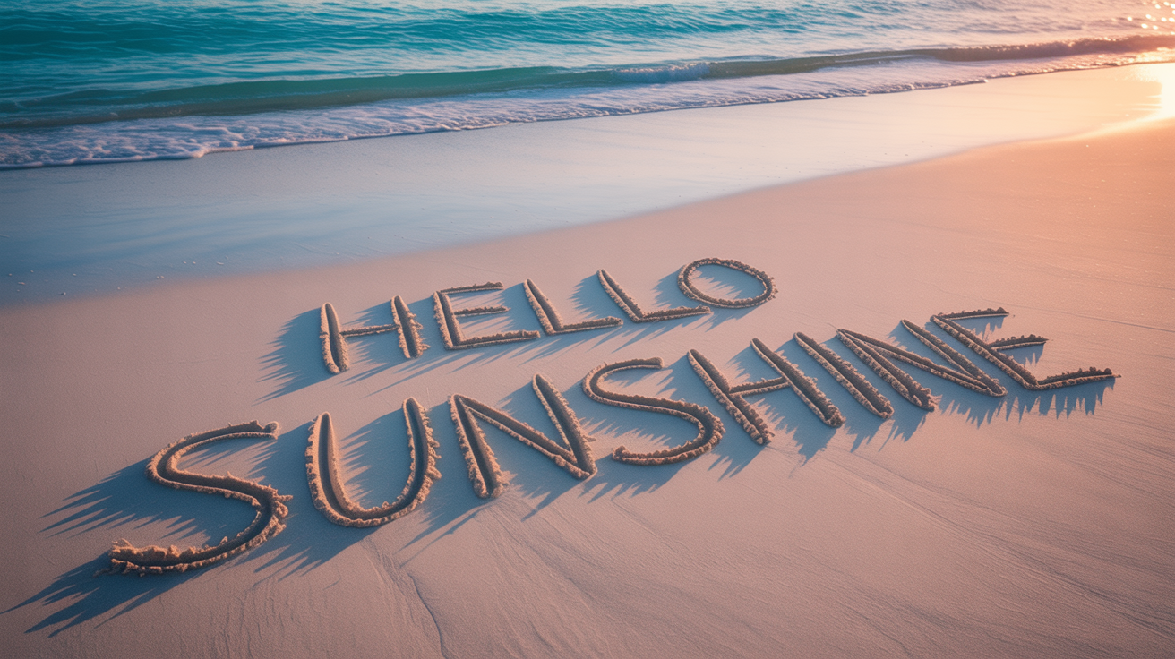A photorealistic image of the words 'Hello Sunshine' written in the sand on a beach during a golden sunset, with the ocean in the background.