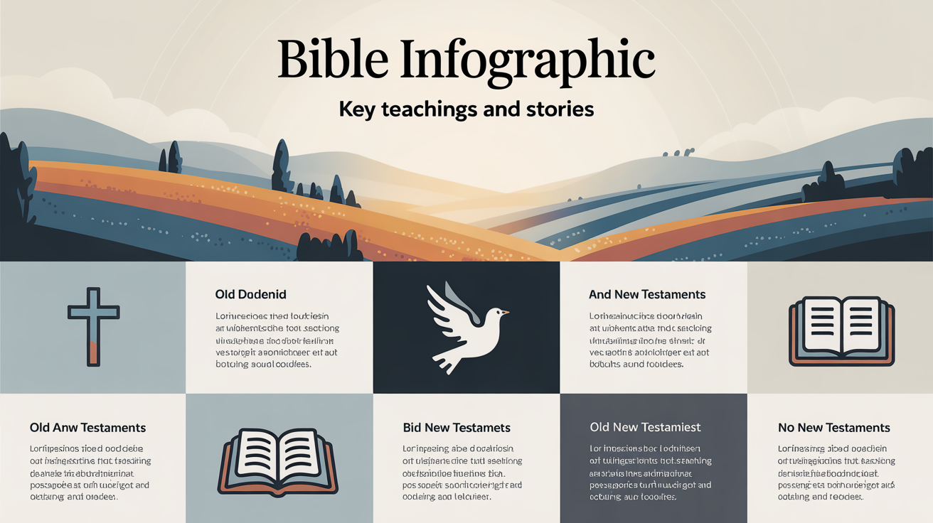 A modern, professionally designed infographic about the bible. The title reads 'BIBLE INFOGRAPHIC' and it includes icons of a cross, a dove, and a book, along with charts and text on a stylized landscape background.