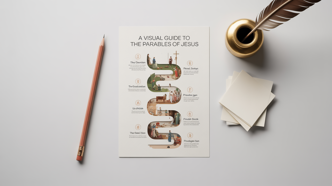 A modern, visually appealing infographic titled 'A Visual Guide to the Parables of Jesus', presented on a white background. The design uses minimalist icons and a clean layout to illustrate various parables.