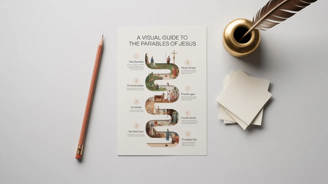 A modern, visually appealing infographic titled 'A Visual Guide to the Parables of Jesus', presented on a white background. The design uses minimalist icons and a clean layout to illustrate various parables.