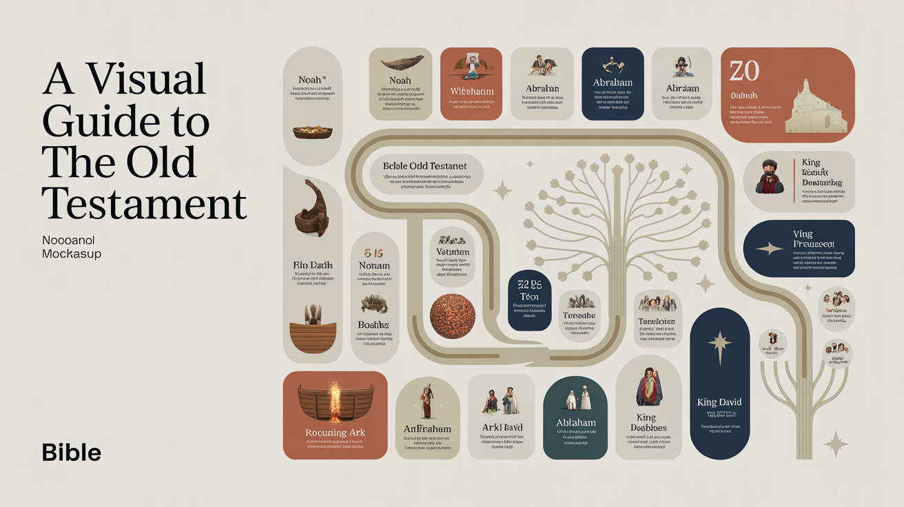 A professional and modern infographic visualizing the Old Testament, featuring a timeline, family trees, and key events, designed with an earthy color palette on a white background.