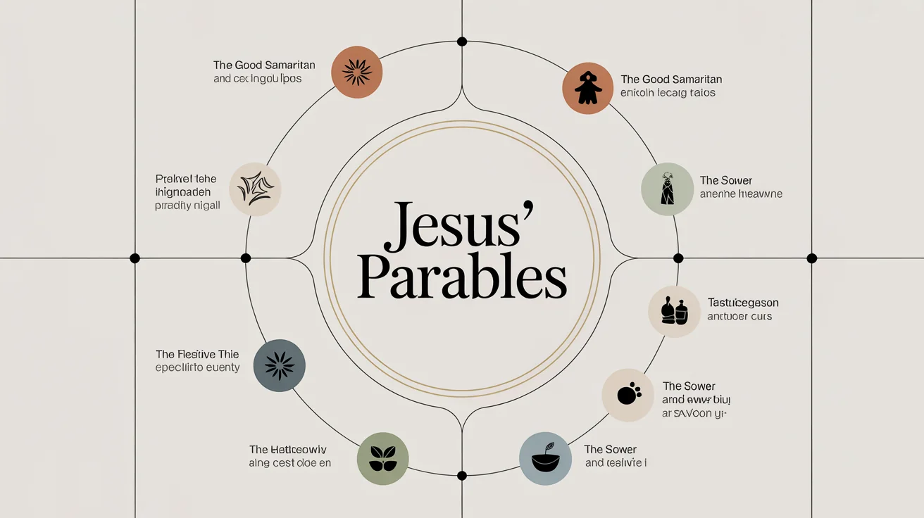A modern, minimalist infographic about the parables of Jesus, featuring a central circle with radiating lines to smaller circles representing different parables, all on a white background.