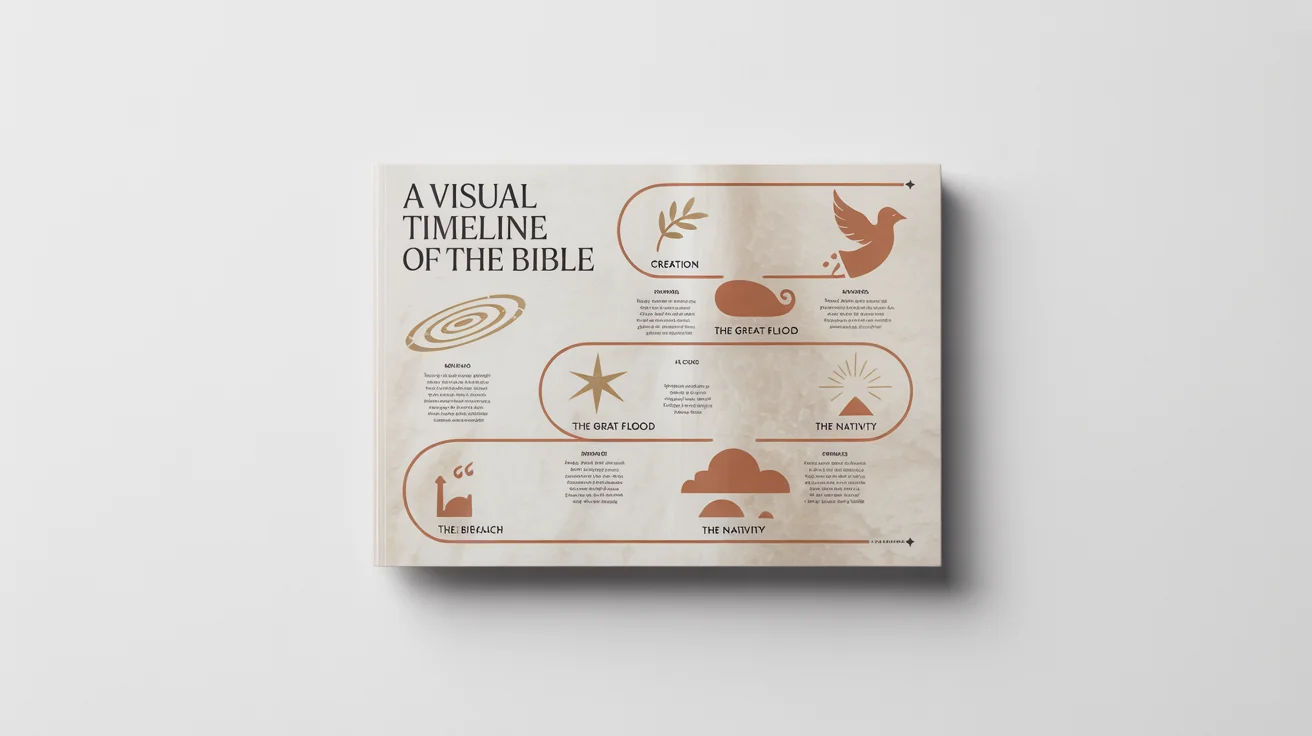 A mockup of a modern bible infographic showing a visual timeline of key biblical events on a parchment-style background, set against a clean white surface.