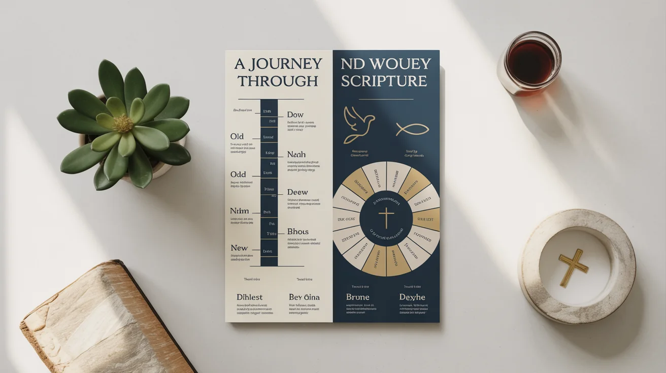 A mockup of a modern Bible infographic on a white background, featuring a timeline and charts in a sophisticated navy blue, gold, and cream color scheme.