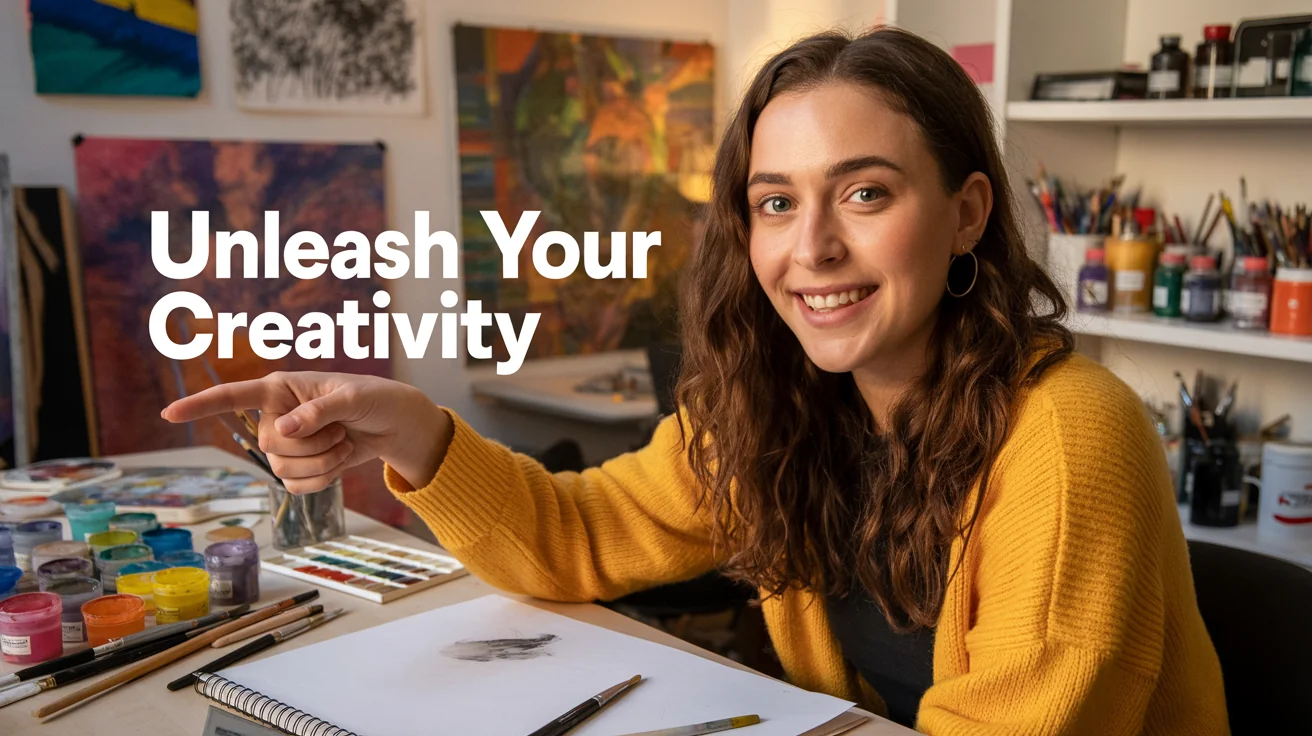 A video frame showing a woman at a desk in a creative studio, with the text 'Unleash Your Creativity' overlaid in a modern white font, demonstrating a text-on-video feature.